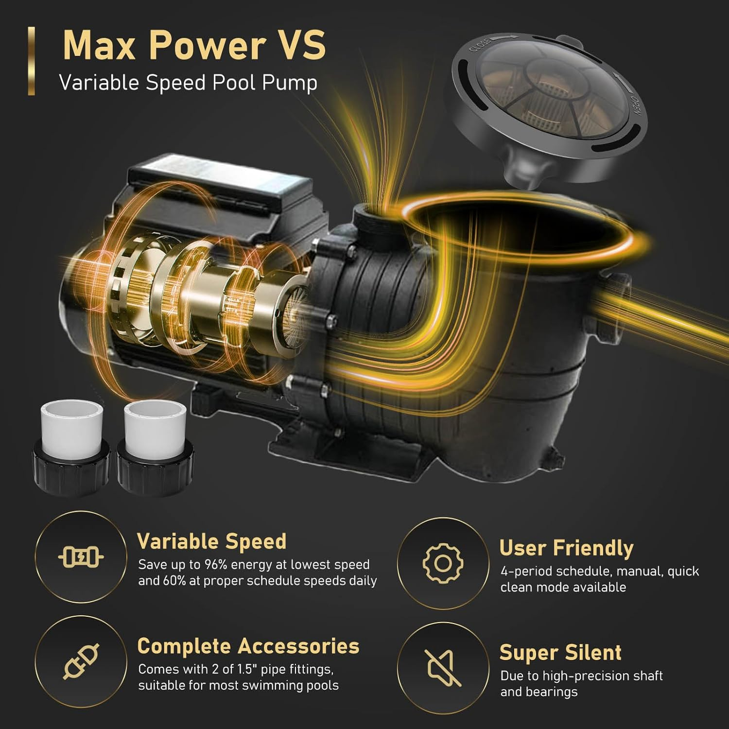 Variable Speed Pool Pump, 2 HP, 350L/M, 230V, Hmax 21M, In/Above Pool Pump, Energy Efficient, Variable Frequency Swimming Pool Pumps with Filter Basket and 1.5" Pipe Fittings image number 5