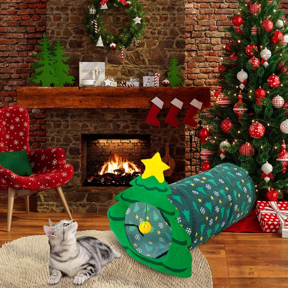 Cat Tunnel Tube Toy Christmas Tree Crinkle Interactive Pet Toy Outdoor Dog Play Tunnels with Suspended Ball Collapsible Kitten Exercise Tunnel Cat for Cats Puppy Rabbit Cat Tunnel Toy 25 * 50Cm image number 3