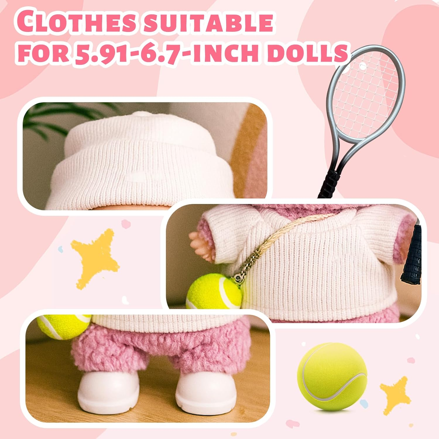 17 Cm Doll Clothes，Clothing Accessories Compatible with 5.91-6.7 Inch Dolls，Sports Style Doll Set Outfits (5-Piece Set), Includes Top + Pants + Tennis Racket + Ball Charm + Shoes (White) image number 4
