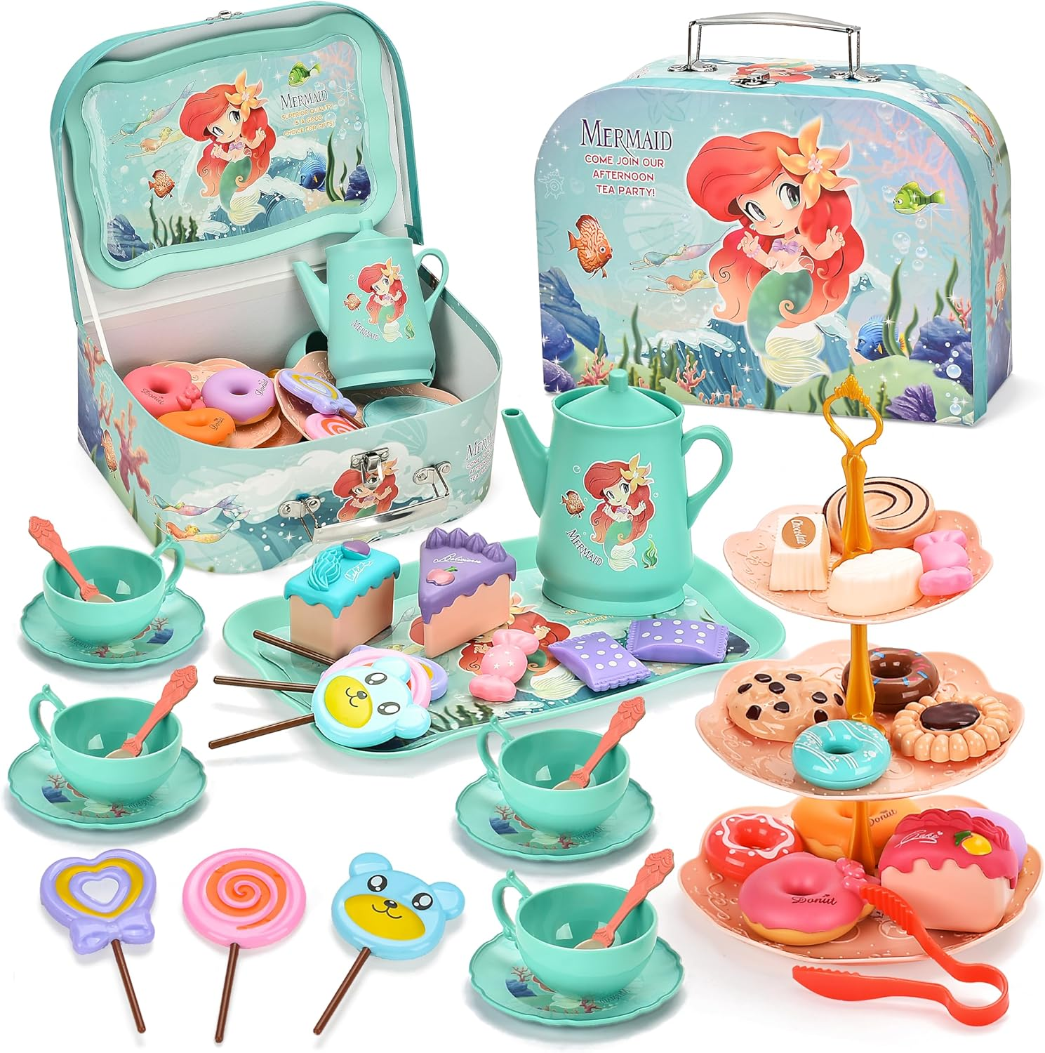 UNITSLYZ Tea Party Set for Little Girls, Mermaid Tea Party Set, Kitchen Pretend Play Toys, Preschool Kids Kitchen Toys with Dessert Cups Tray Teapot, Birthday Gift for Girls Kids Age 3 4 5 6 7