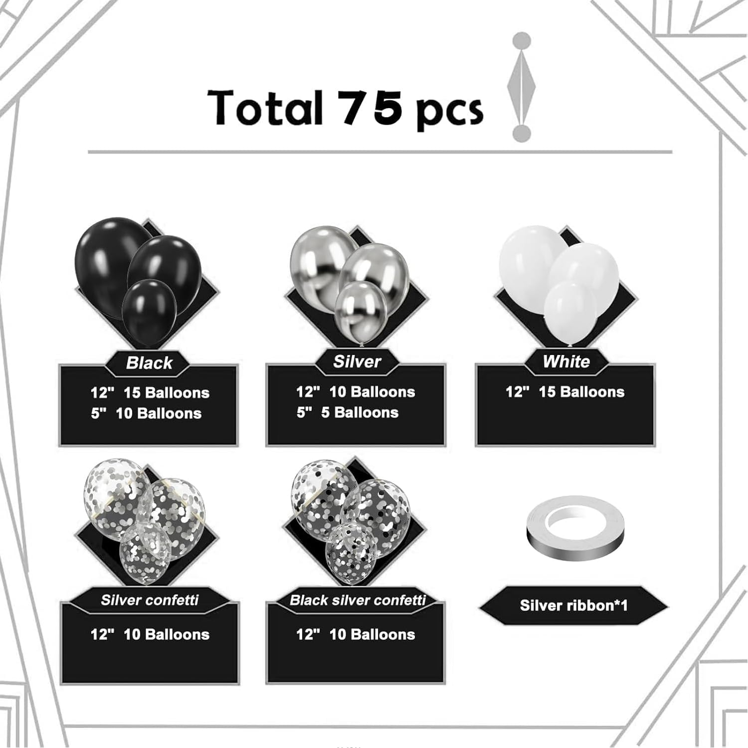 Party Balloons Decorations for Birthday, Christmas, New Years, Wedding, Graduation Decorations Black and Gold Balloons 12In and 5In Latex Party Xmas Decora Bulk (Black White and Silver(75Pcs)) image number 6