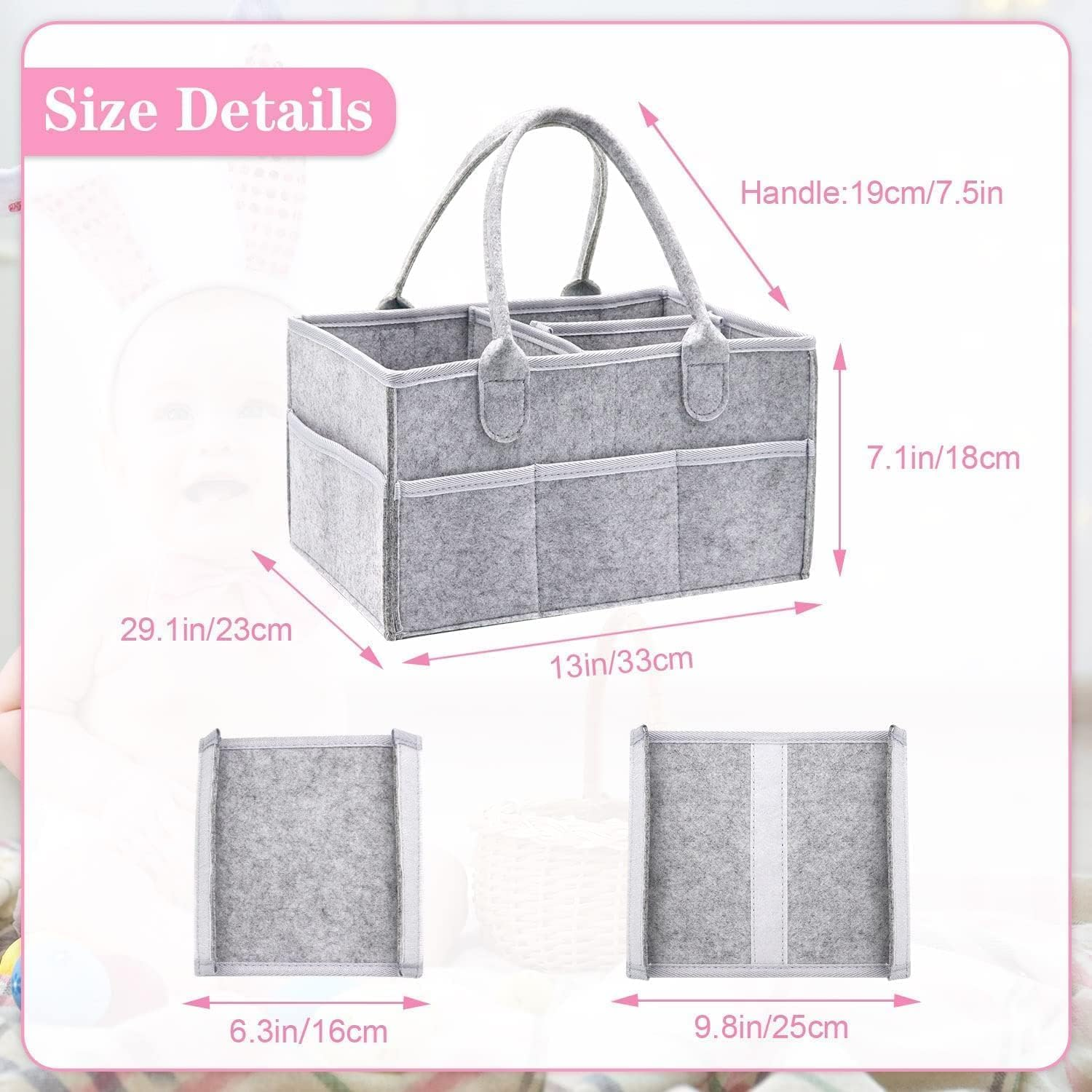 Peacafulife Baby Nappy Caddy Organiser, Multifunctional Upgrade Felt Newborn Baby Diaper Caddy Nursery Portable Storage Wipes Bag Detachable Paste Dividers Nappy image number 3