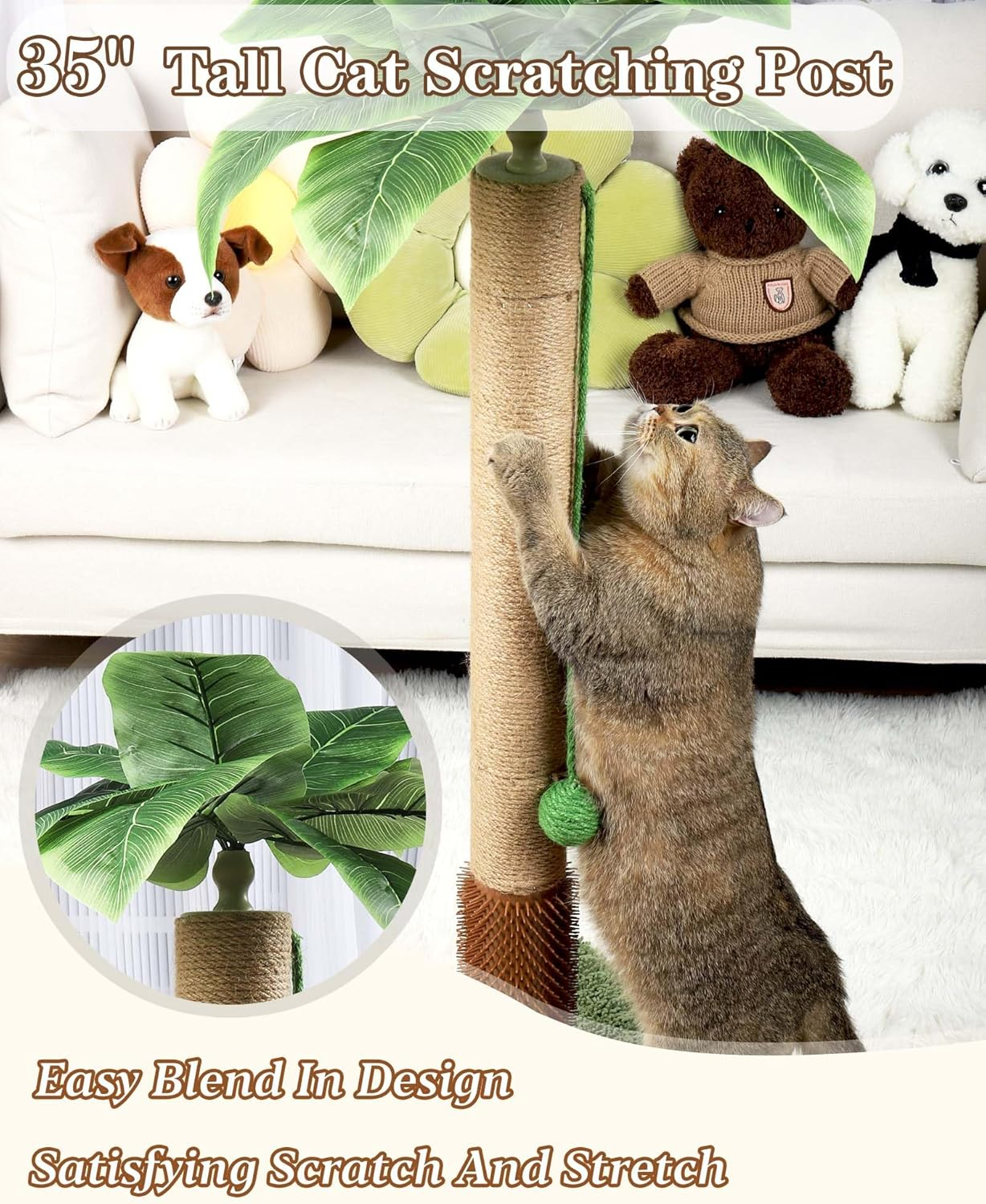 ANWA 35" Tall Cat Scratching Post for Kitten and Large Cats, Scratching Post for Indoor Cats with Self-Grooming Rubber Brush, Cat Sisal Post with Simulated Leaves image number 4