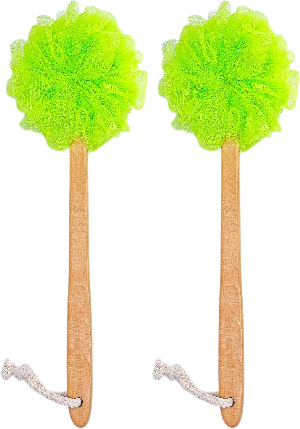Shower Loofah Body & Back Scrubber - Exfoliating Loofah Luffa Bath Brush on a Stick - with Long Wooden Handle Back Brush for Men & Women - Easy Reach Body Wash & Lotion Applicator（ 2 Pack- Green）