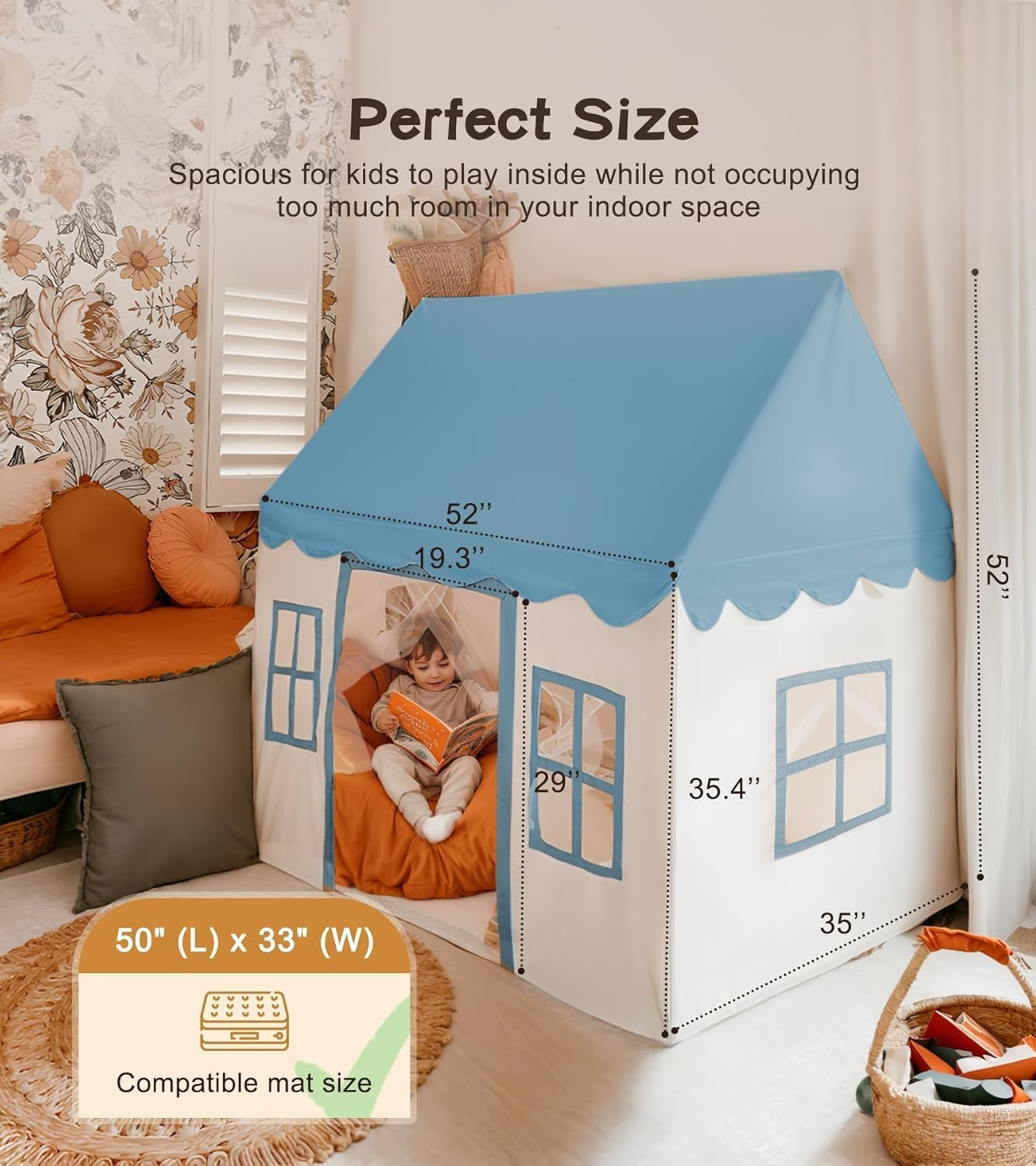 Large Kids Play Tent with Mat, XICEN Play Tent Indoor with Star Lights and Windows, Playhouse for Boys and Girls Aged 3+, Kid Tent with Mat Washable (Blue Top) image number 2