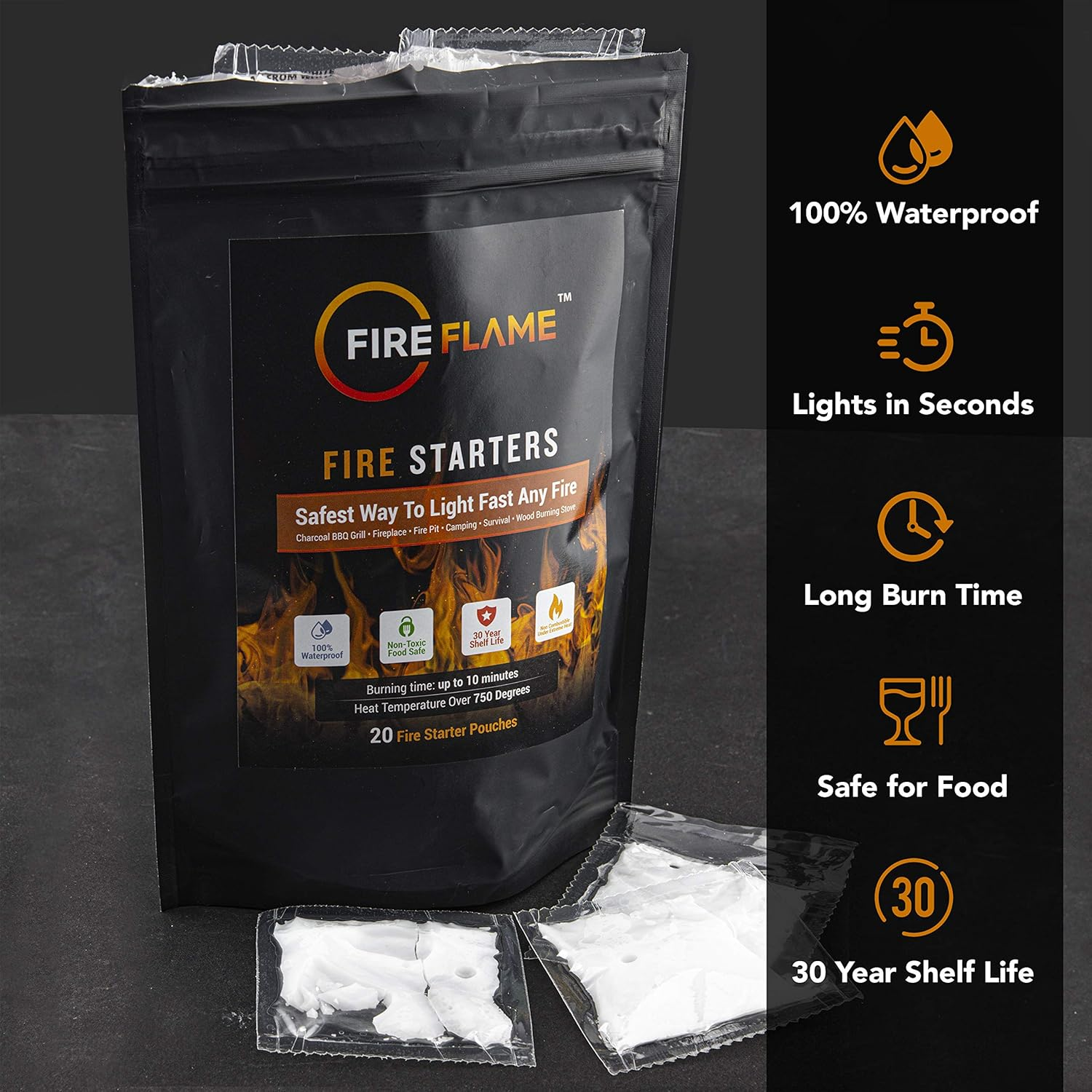Fireflame Quick Instant Fire Starter -100% Waterproof All-Purpose Indoor & Outdoor Firestarter, for Charcoal Starter, Campfire, Fireplace, Firepit, Smoker - Odorless and Non-Toxic - 20 Pouches in Bag image number 2
