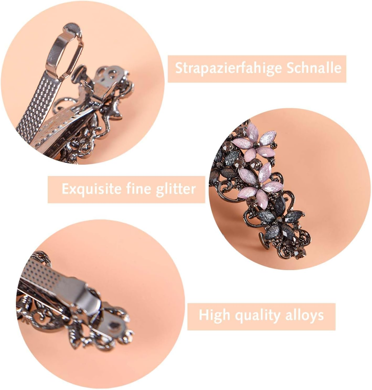 2 Pieces Elegant Hair Clips for Women and Girls - Crystal Flower Glitter Clip and Exquisite Vintage French Hair Accessories (Black Blue/Blue) image number 2