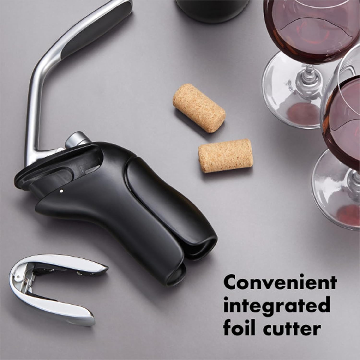 OXO Steel Vertical Lever Corkscrew with Removable Foil Cutter, Black/Silver image number 2