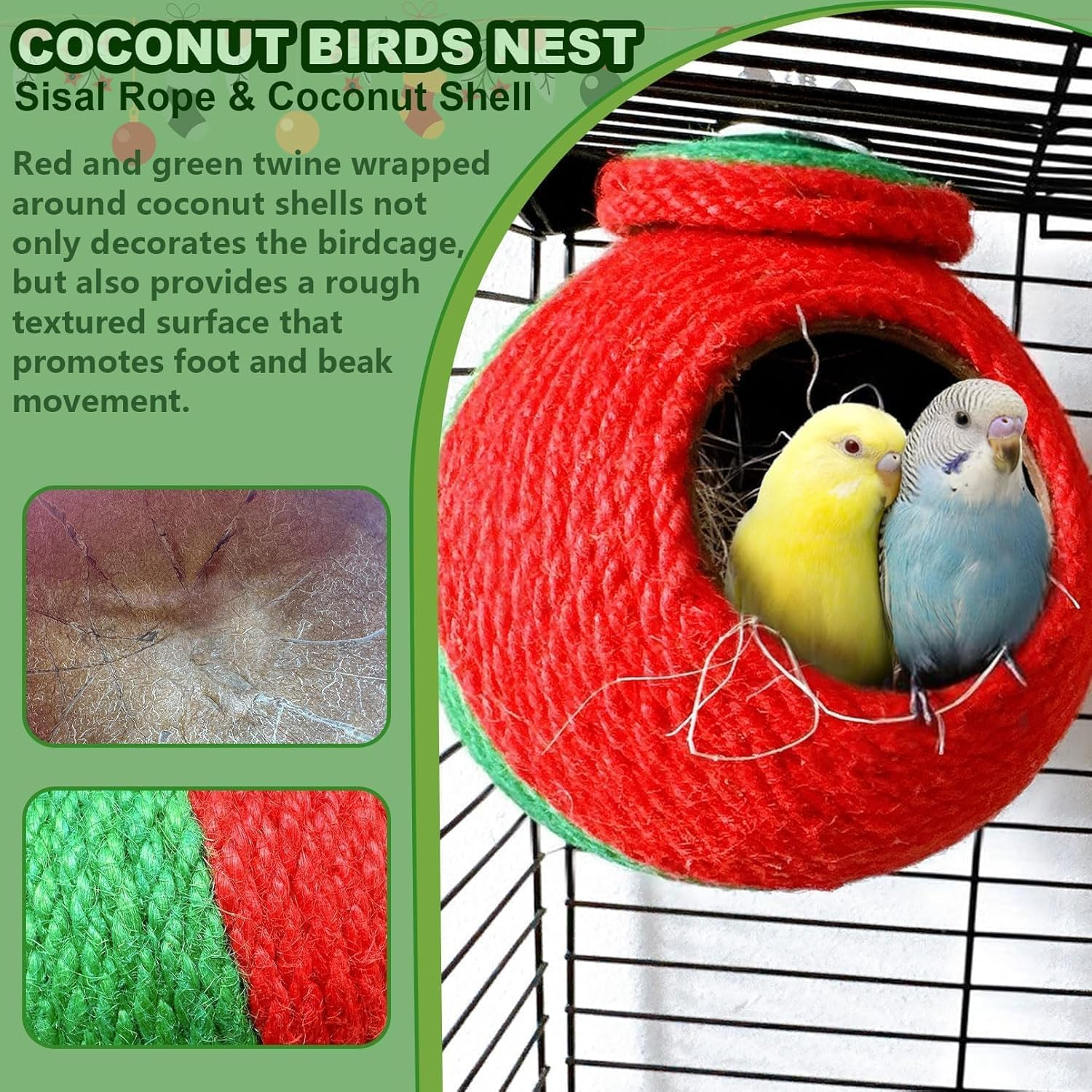 Kathson Bird Nest, Parrot Rearing House, Parakeet Hut Made of Coconut Shell, Hanging Budgie Nesting House with Coconut Fibre, Cockatiel Bed for Parakeet Lovebird image number 6