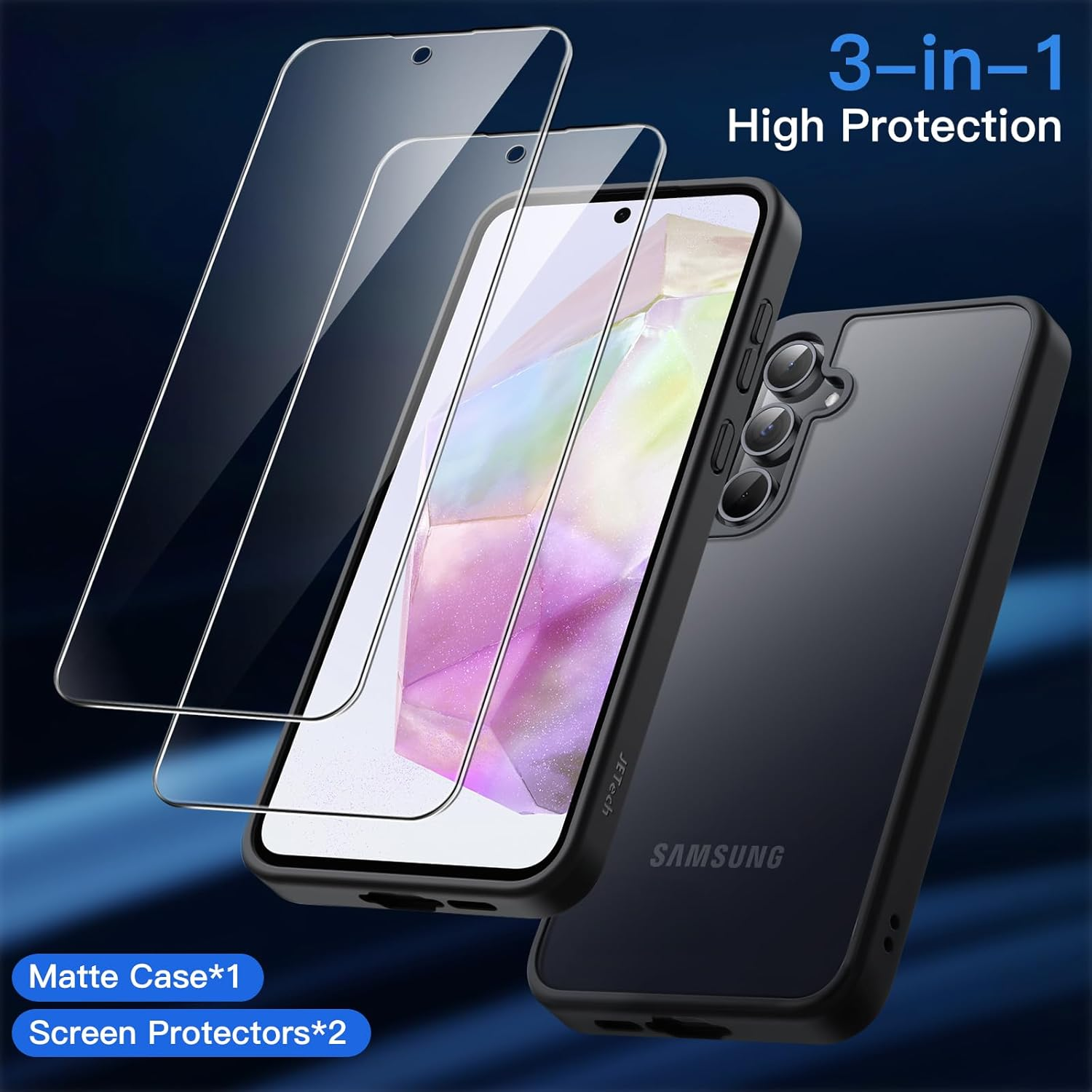 Jetech 3 in 1 Matte Case for Samsung Galaxy A35 5G with 2-Pack Tempered Glass Screen Protector, Translucent Frosted Shockproof Phone Cover with Camera Protection (Black) image number 1