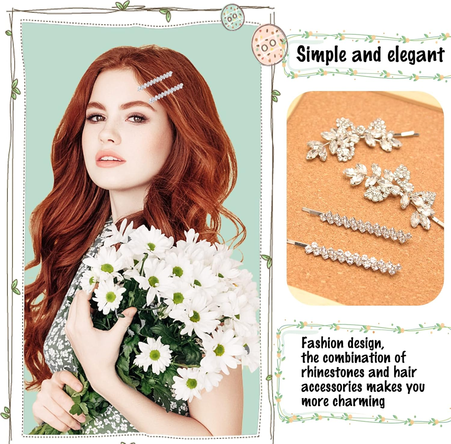 Pack of 4 Glitter Hair Clips, Rhinestone Bobby Pin Hair Pin Crystal Hair Pins for Girls Ladies Party Wedding Daily Dress (2 Sizes) image number 5