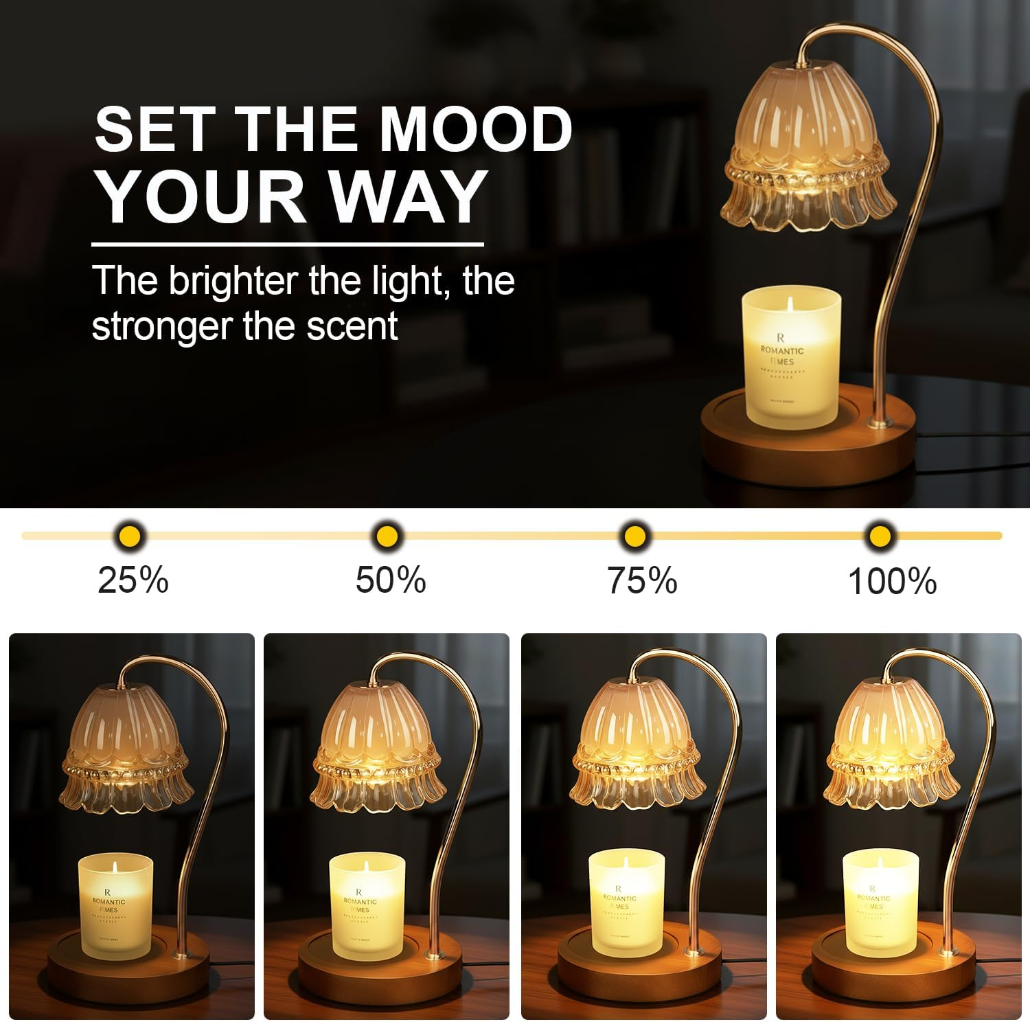 Vintage Candle Warmer - Aromatherapy Lamp with Timer | 4-Level Dimming and Infinite Dimming | Glass Shade | Wooden Base | Includes Two 50W G10 Halogen Bulbs | Elegant Home Decor (Yellow) - Yellow image number 2