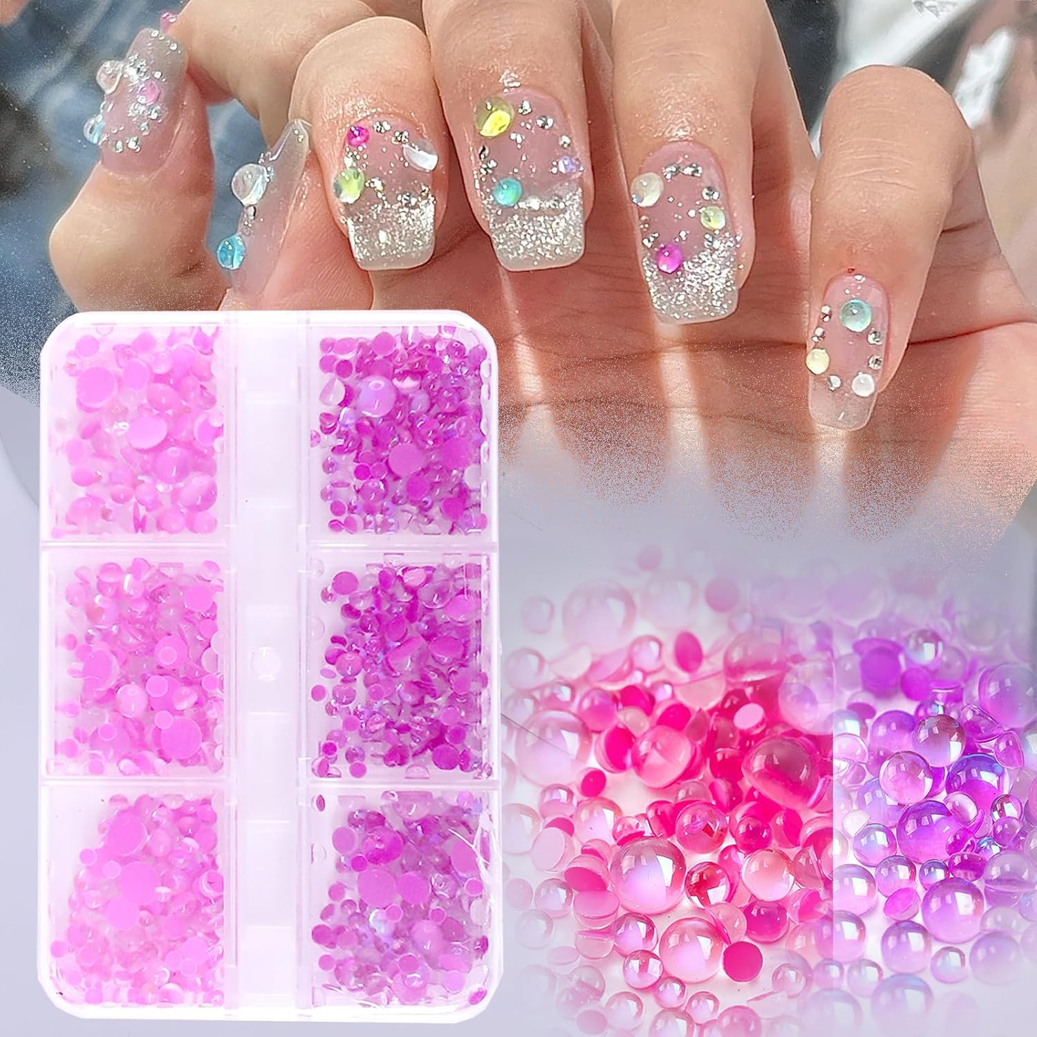 Mermaid Tears Two Colors 6 Jars ABS Half Pearls for Crafts Flatback Nails Pearls Bead Flat Back Pearls Gems for Nail Art Makeup, Shoes, DIY Craft Decorations 2-4Mm (Red) image number 6