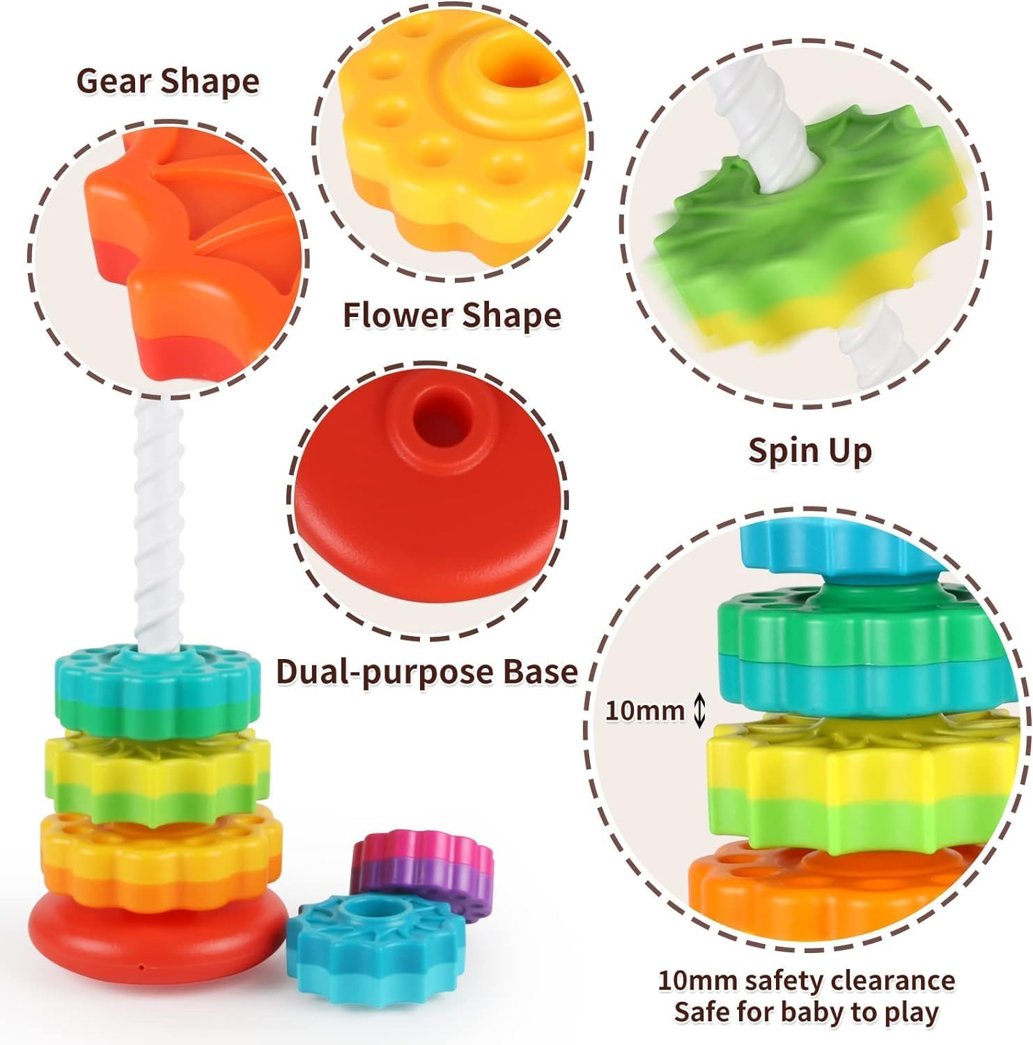Baby Spinning Stacking Toys for Toddlers 1-3, Rainbow Ring Stacker Montessori Toys for Babies 6-12 Months, 1 2 3 One Year Old Girl Boy Christmas Birthday Gifts, Autism Sensory Learning Toy image number 5