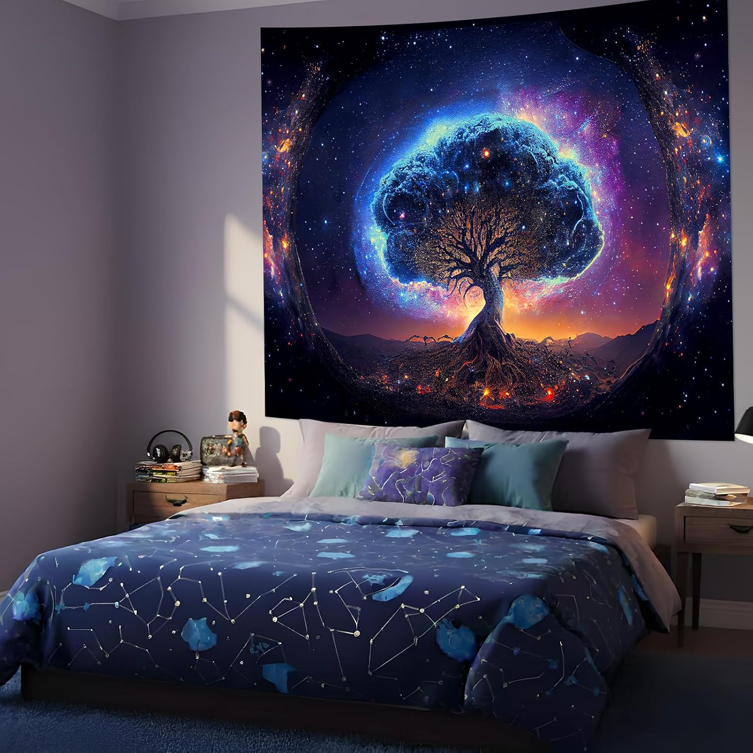 Blacklight Tree and Space Tapestry for Bedroom, Aesthetic Cool Black Light Tree of Life Tapestries for Girl, Fantasy Stars Galaxy Wall Hanging for Living Room Teen Dorm Decor (51" X 60") image number 2
