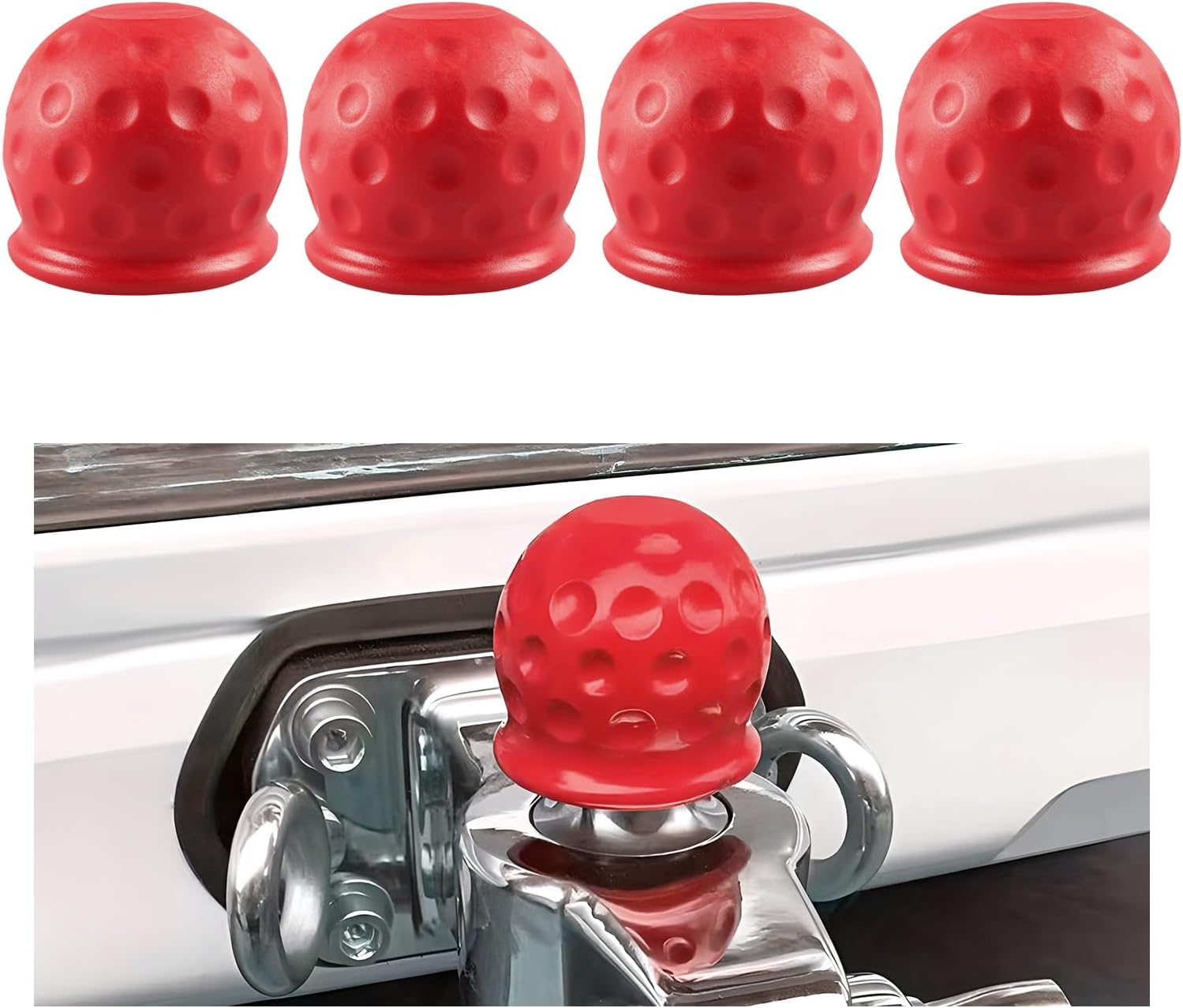 Povtii 4 PCS Trailer Ball Cover, 2-Inch Rustproof Rubber Car Towing Hitch Ball Protection Cap, Waterproof & Dustproof Tow Ball Sleeve for Truck RV, Replacement Car Accessories (Red)