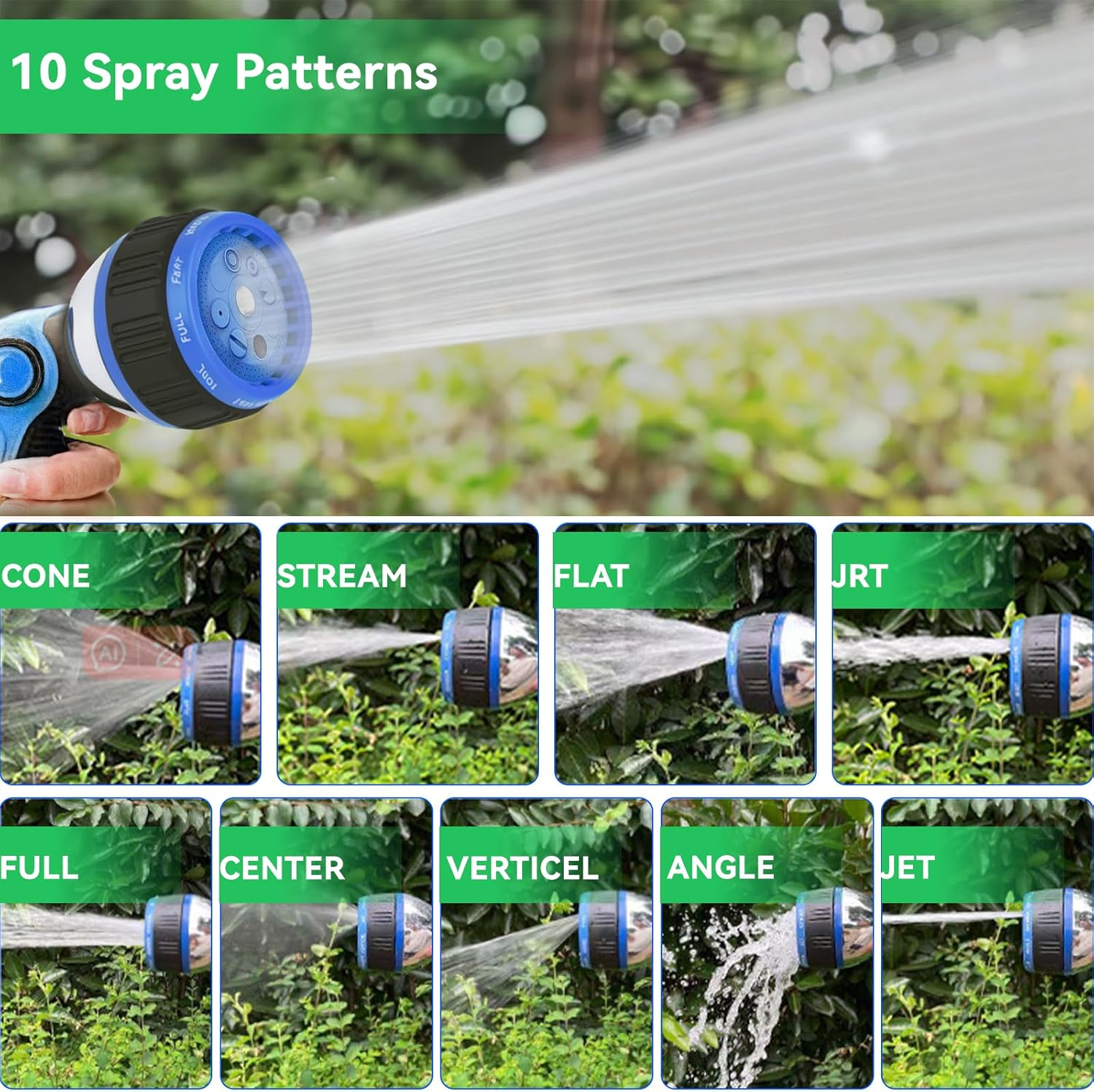 Garden Hose Nozzle - Water Spray Nozzle with 10 Adjustable Patterns, High Pressure Water Gun with Slip Resistant Handle for Watering Plants, Lawn & Grass, Washing Cars & Pets,Cleaning Outdoor image number 5