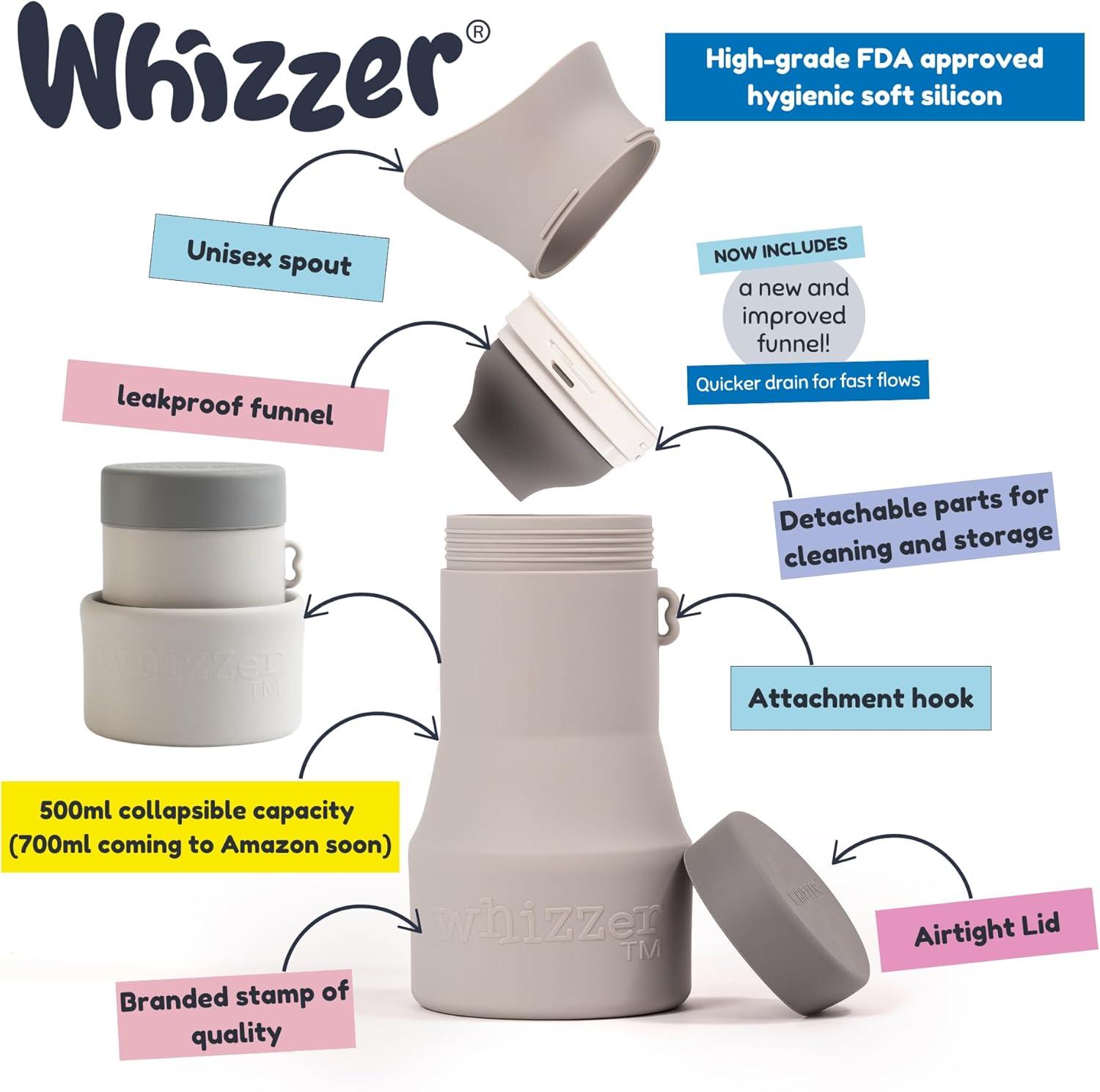 Whizzer&trade; - Discreet Portable Toilet for Adults - Seen on Dragons Den - Travel Essentials for Festivals, Camping, Caravans & Travel - Silicone Pee Bottle for Men & Women - Portable & Leakproof - 500Ml - Adult Pink Whizzer image number 2