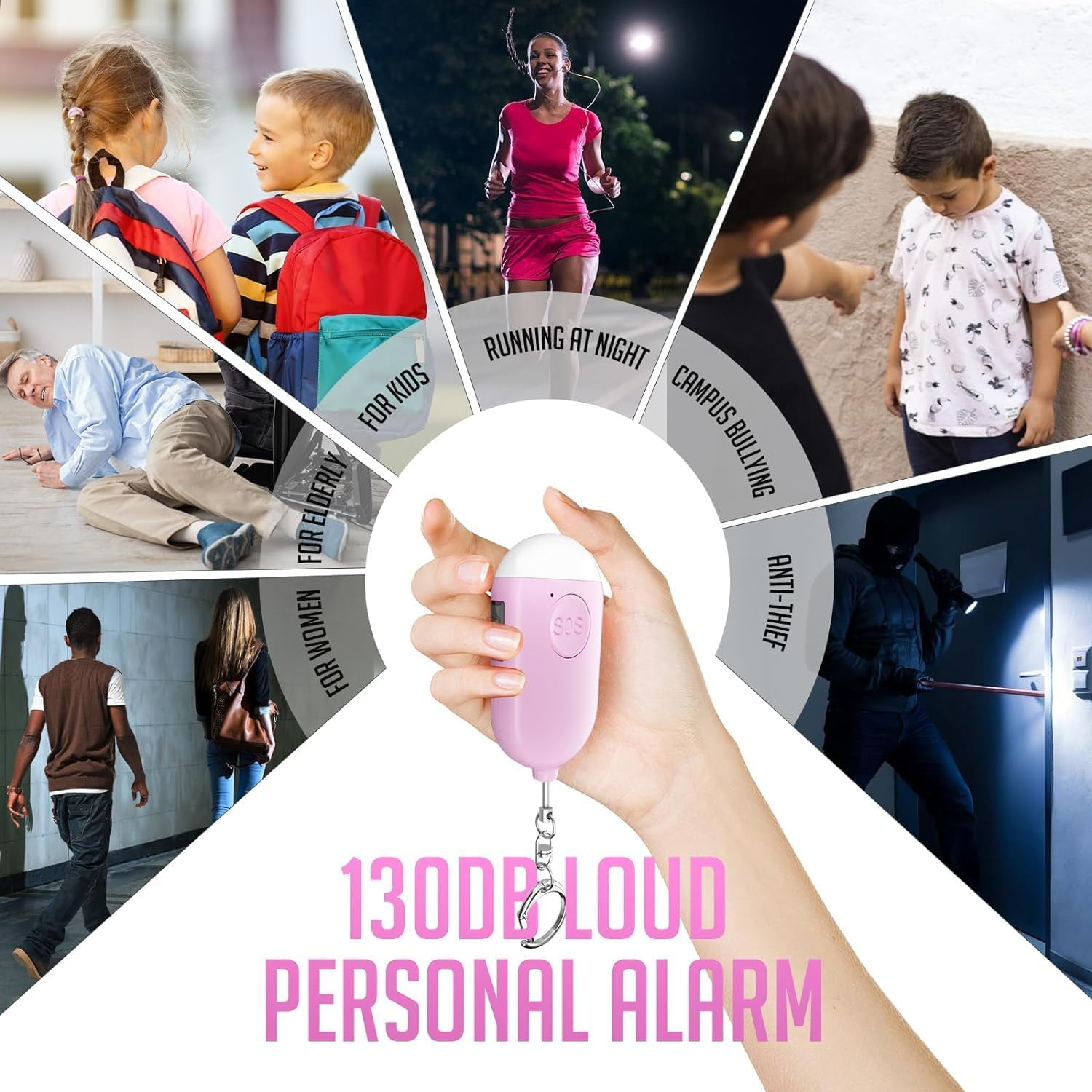 Self Defense Keychain Personal Alarm- 130Db Rechargerable Self Defense Alarm Keychian with Emergency LED Flashlight - Security Personal Protection Device for Women Girls Kids Elderly - White image number 7