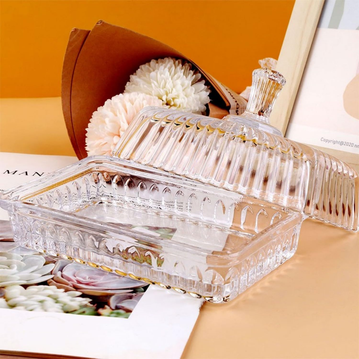 UPAUS Glass Butter Dish with Lid, 16Cm Clear Classic Crystal Covered Butter Container for Countertop, Butter Keeper for Fridge, Butter Holder for Home Kitchen, Dishwasher Safe image number 5
