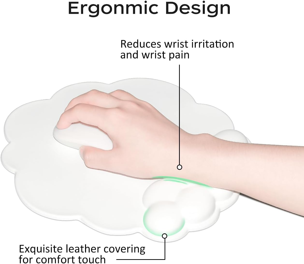 Mouse Pad Wrist Support with Leather Surface Cloud Wrist Rest Mousepad with Memory Foam Non-Slip PU Base Mouse Pad for Home Office Laptop Mac Easy Pain Relief (White) - Blue image number 3