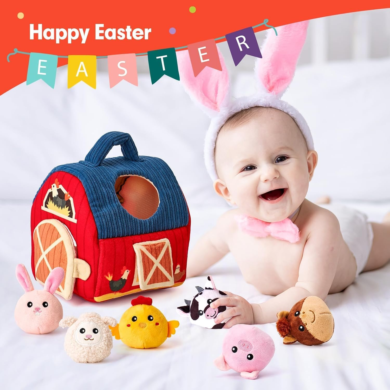 Uandhome Baby Toys 12-18 Month Newborn Gifts,Infant Soft Farm Stuffed Animal with Barn,Rattle,Crinkle Paper,Mirror - Boy Girls Busy Montessori Sensory Toys,Birthday Christmas Easter Basket Stuffers image number 4