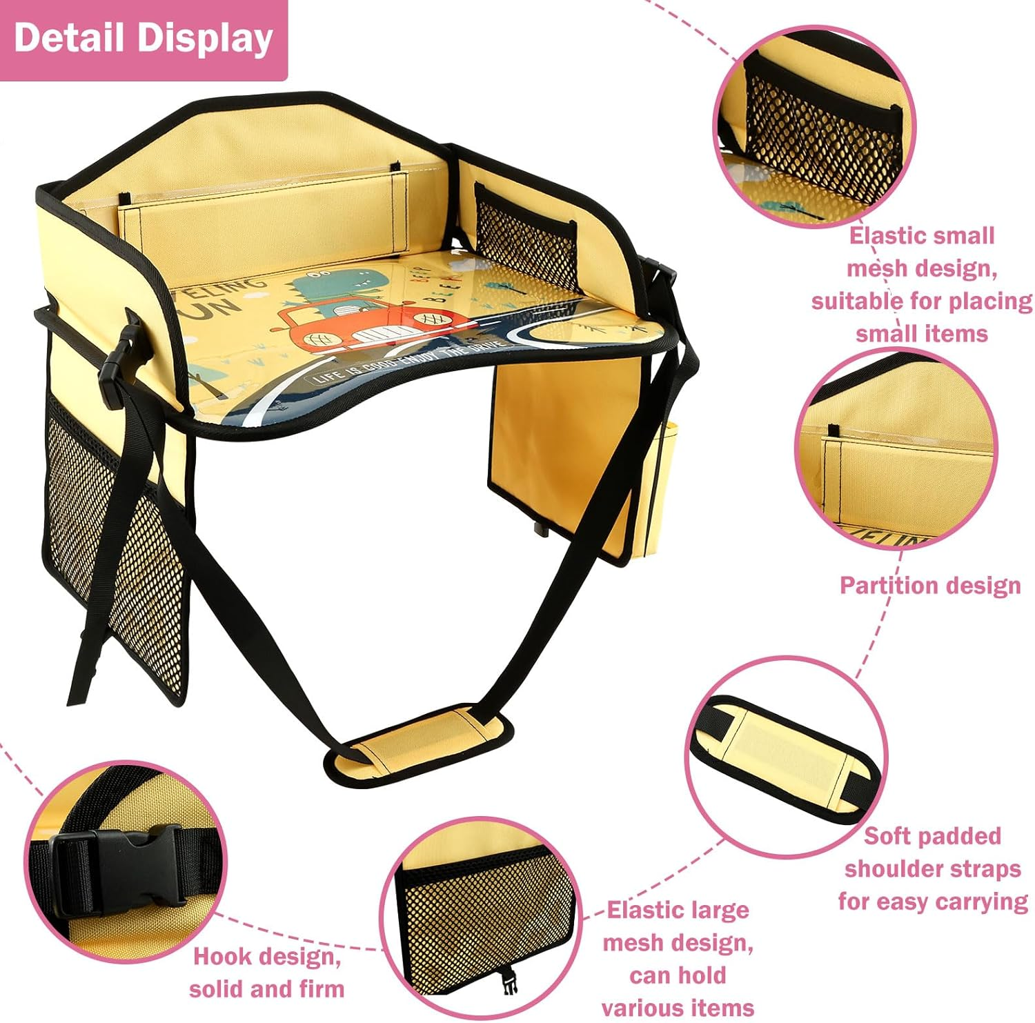 Car Seat Tray, Portable Kid Travel Table, Multifunctional Car Seat Tray Table for Drawing, Watching TV, Storage Toys, Pen, Books, Water Bottle, Snack (Style1)