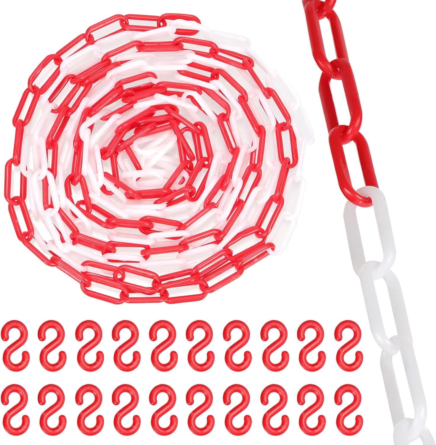 Swpeet 21Pcs 5M X 6Mm Plastic Barrier Chain Red White Plastic Safety Chain Plastic Chain Links with S- Hooks Plastic Chain Barrier Safety Barrier Chain for Fence, Parking, Crowd Control, Queue Line