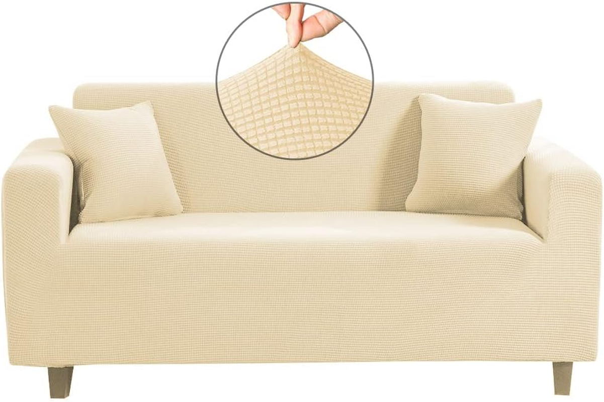 High Stretch Jacquard Sofa Cover Machine Washable Stylish Furniture Cover Anti-Slip Foams Strips with Elastic Bottom Suitable for Various Styles (Cream, 3 Seater (180-220Cm)) image number 2