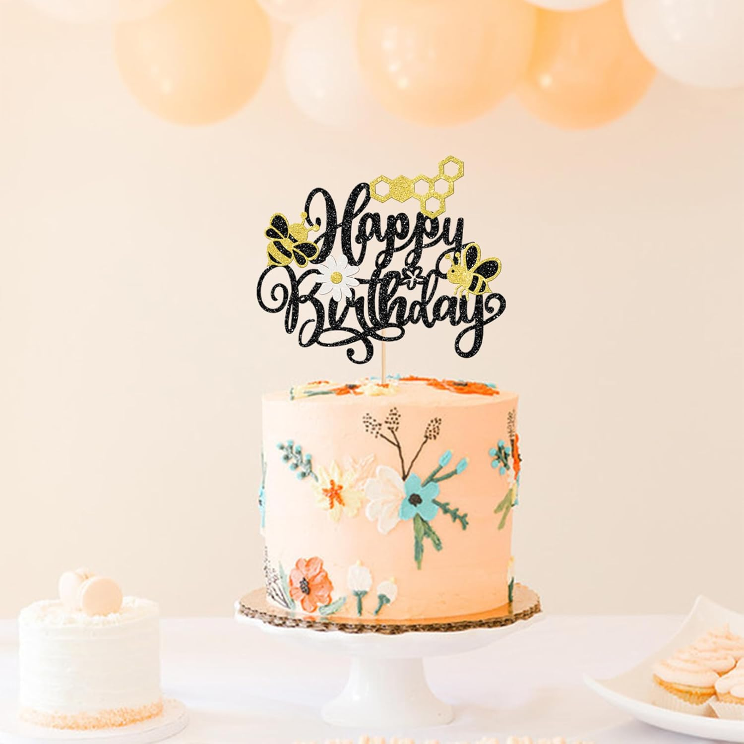 SYKYCTCY 1 Pack Bee Flower Happy Birthday Cake Topper Glitter Honeycomb Cake Pick for Bee Theme Baby Shower Kids Birthday Party Cake Decorations Supplies Black image number 4