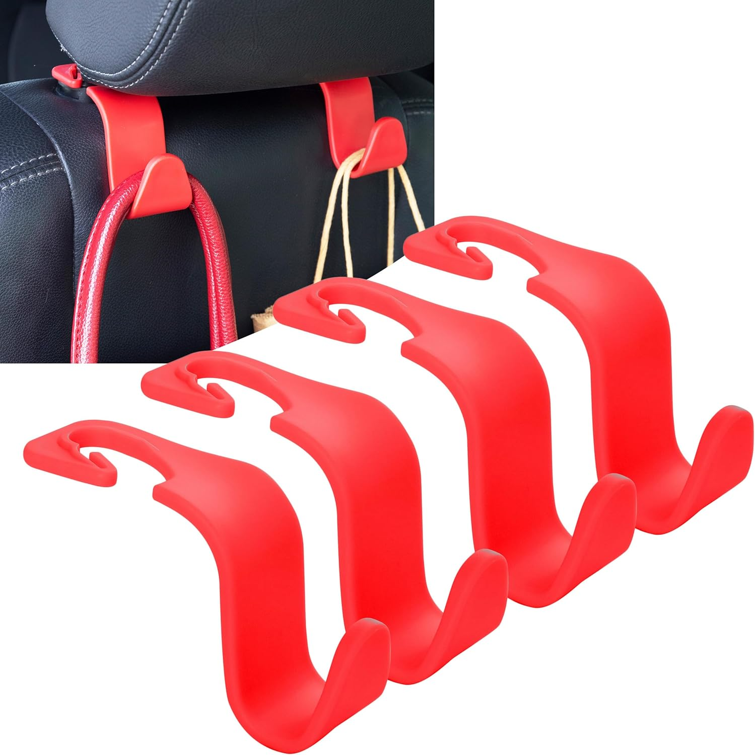 Amooca Car Seat Headrest Hook 4 Pack Hanger Storage Organizer Universal for Handbag Purse Coat Universal Fit Vehicle Car Red with Clip