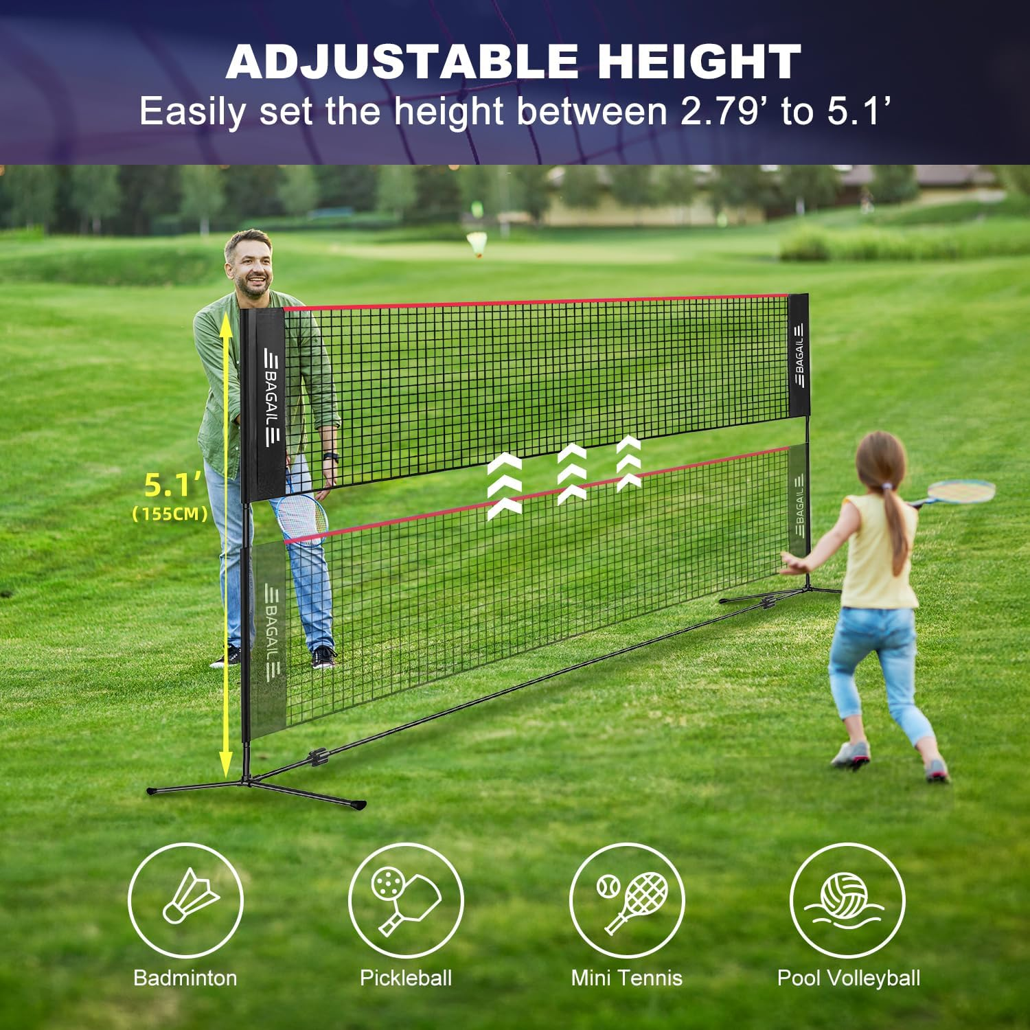 BAGAIL Badminton Net, Height Adjustable Kids Volleyball Net, Foldable Nylon Net 10 Ft/14Ft/17Ft Wide, Tennis Net, Small Pickleball Net for Backyard Game and Indoor Outdoor Use, Easy Setup image number 5