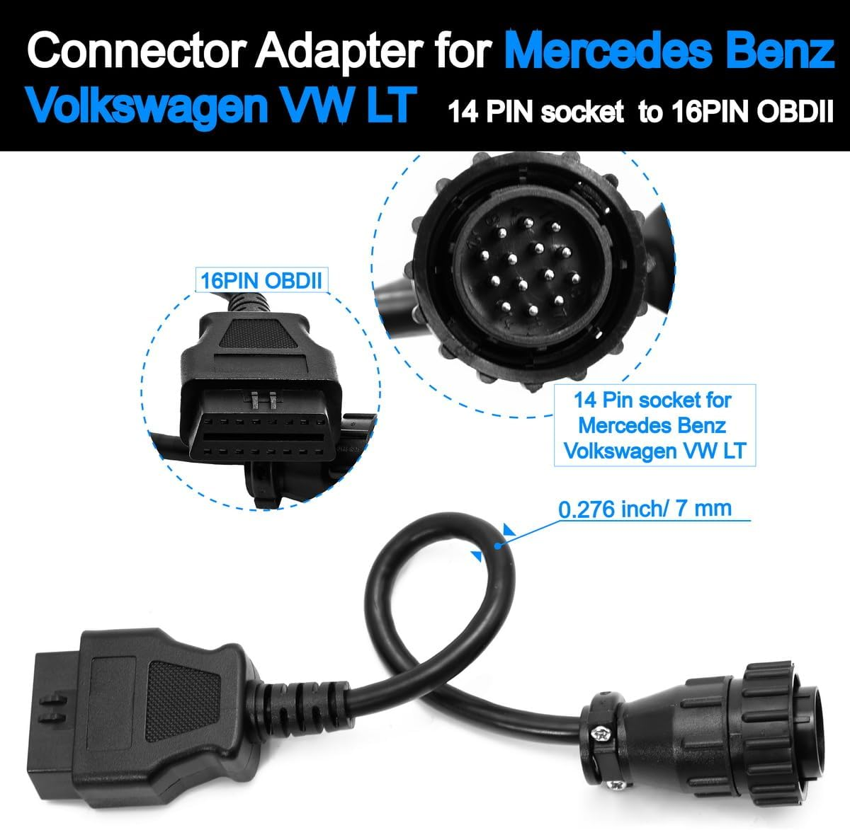 14 Pin to 16 Pin OBD2 Adaptor Cable Sprinter Compatible for Mercedes Benz Volkswagen VW LT