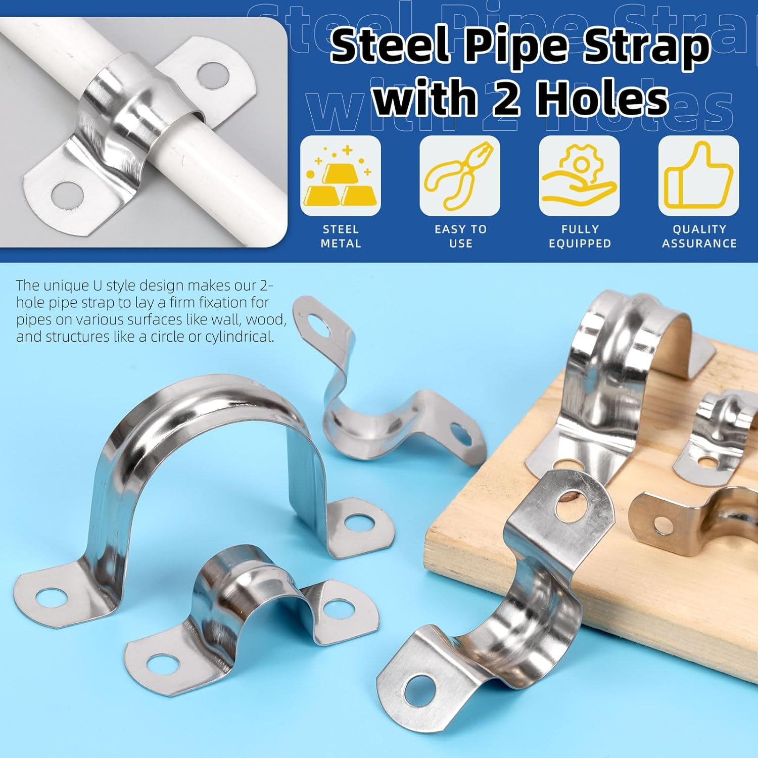 Glarks 50Pcs M8 Pipe Strap Clamp, 304 Stainless Steel 2 Hole Strap Heavy Duty Rigid Pipe Strap U Bracket Tube Strap Cable Clamp Hanger Tension Tube Clip for Pipe Tube Cable Fixing (12Mm (1/2")) image number 2