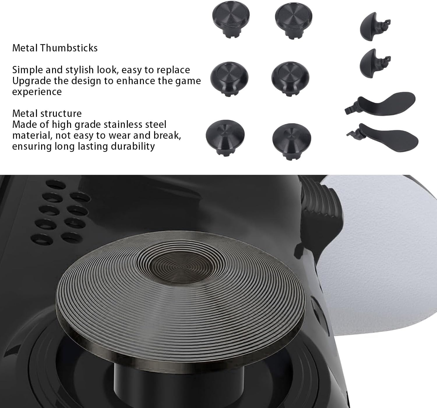 Metal Thumbsticks for PS 5 Edge Controller, 6Pcs Metal Joystick Caps + 4Pcs Metal Back Paddles, Interchangeable Analog Stick Joystick Caps with Paddles for PS 5 Edge Controller - Black image number 2