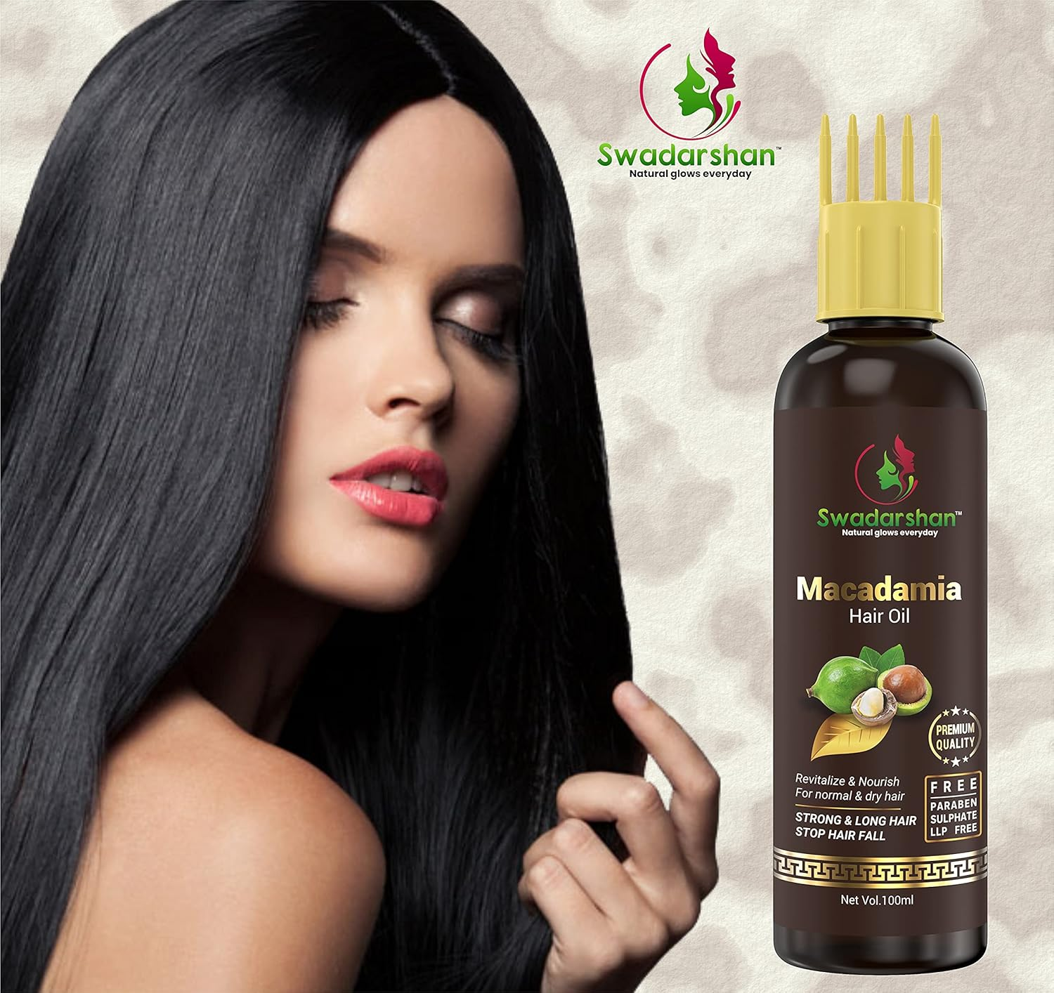Swadarshan Macadamia Hair Oil for Curly Hair Strengthen Smoothing and Moisturizing Hair Scalp Reducing Frizz & Flyaways with Macadamia Nuts Aritha Heena & Coconut (Single100Ml) image number 1