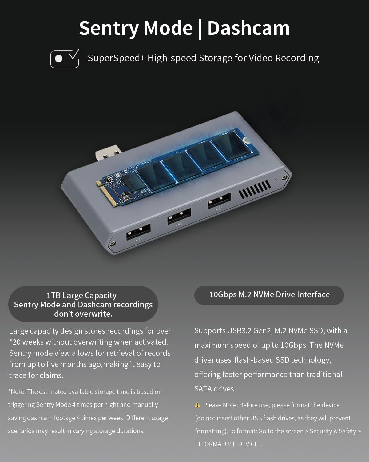JOWUA 1TB SSD 3-Port HUB for Tesla 2025 New Model Y, 2024-2025 Model 3 Highland, Model X, Model S, Cybertruck 1, 3 USB-A Ports, Supports USB 3.2 Gen 2 and M.2 Nvme SSD image number 4