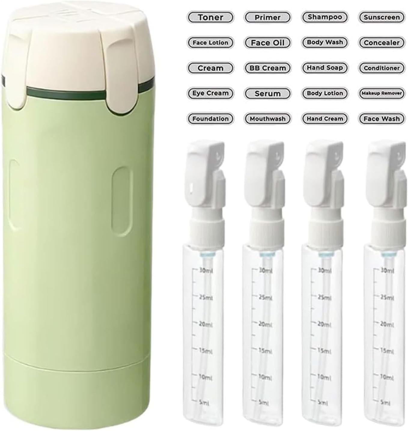 4 in 1 Travel Dispenser - 4 Pack Refillable 30Ml Travel Dispenser Bottles, Leak Proof Containers Portable Toiletries Containers for Shampoo Lotion Conditioner Cream (Green)