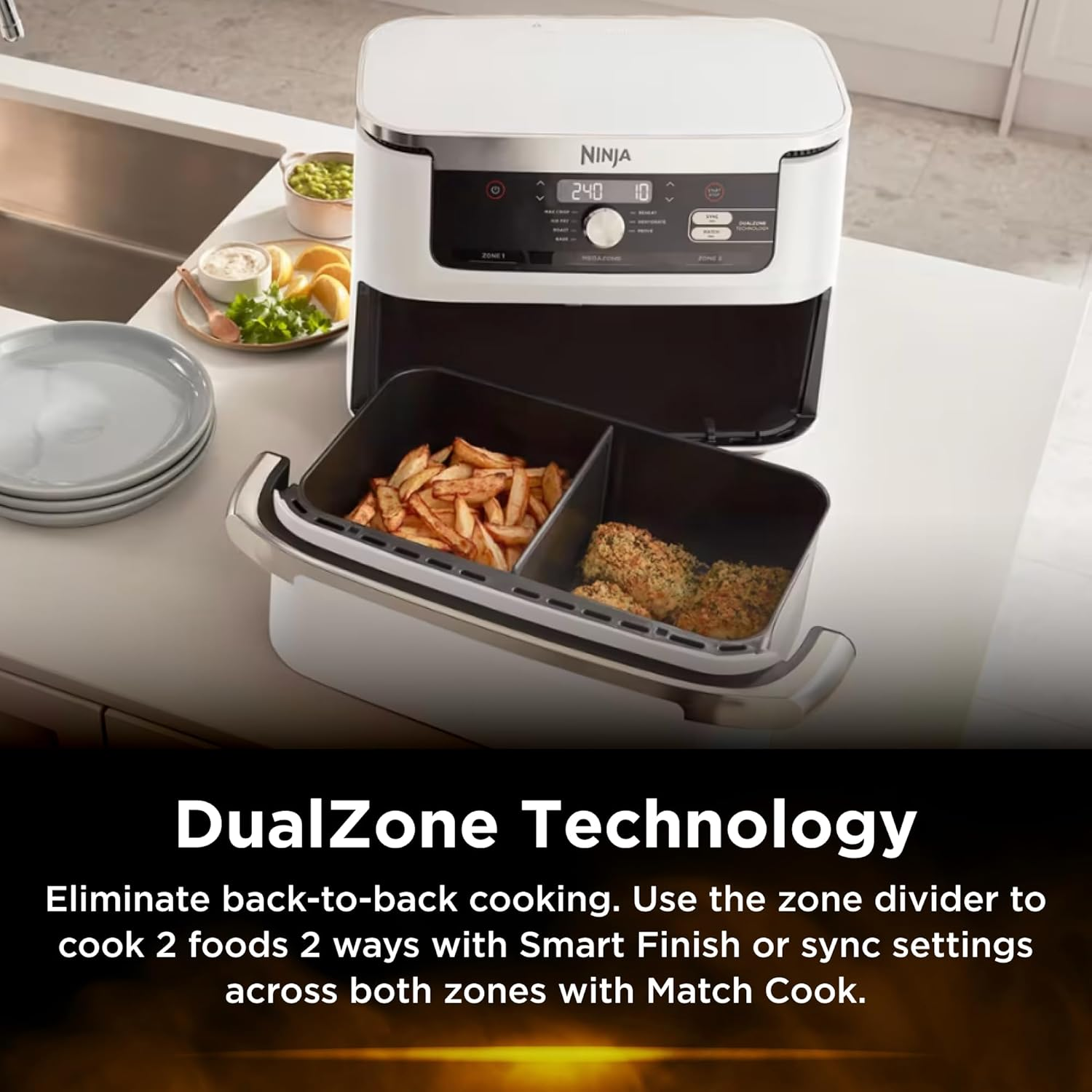 Ninja XXXL Flexdrawer Air Fryer, 10.4L Extra Large Drawer with Removable Divider, Dual Zone Technology, 7 Functions, Non Stick, AF500WHANZ, White