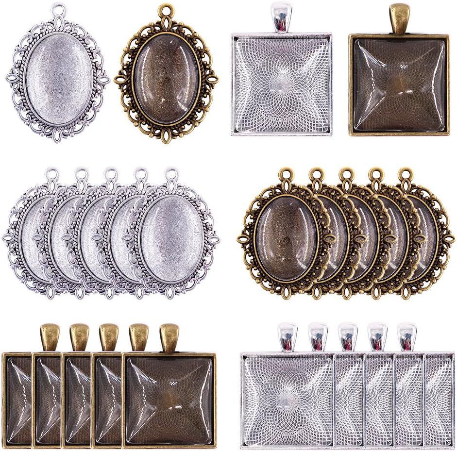 Glarks 48-Pieces Oval and Square Pendant Trays with Glass Cabochon Dome Tiles Clear Cameo for Crafting DIY Jewelry Making, 24 Sets image number 5