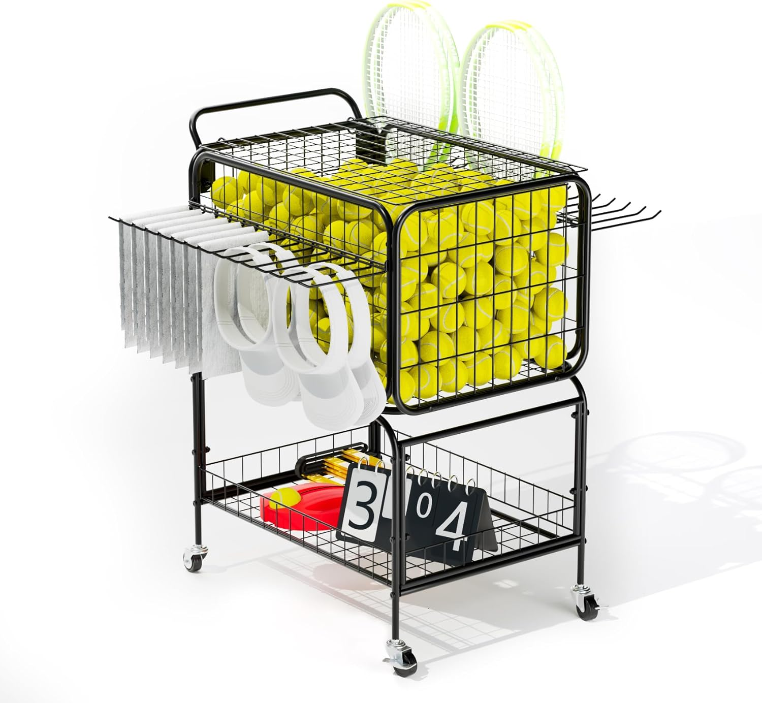 Ball Storage, Tennis Ball Cart for 350 Balls, Trolley Cart with Wheels Laundry Basket, Extra Large Utility Trolley for Storage Sport Equipments DIY Tools Toys Ball Hopper Tennis Racket image number 4