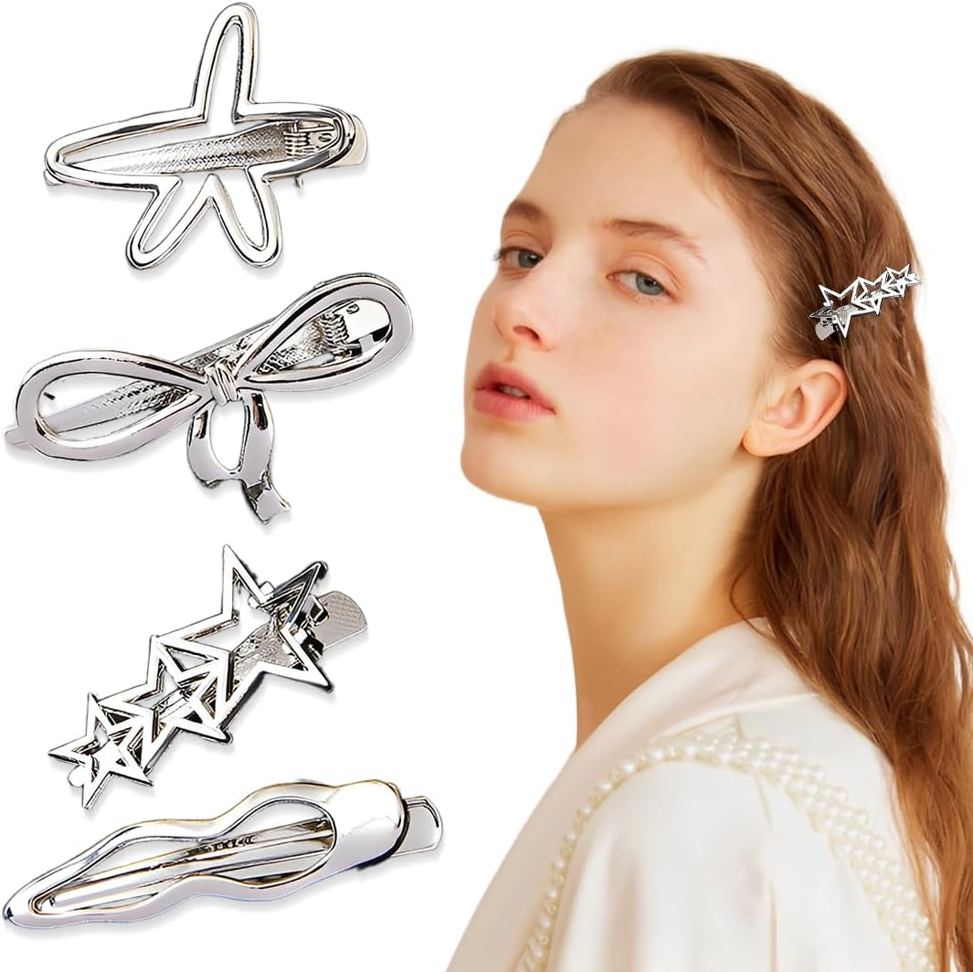 GGUFAY Pack of 4 Women'S Hair Clips with Bow, Stars, Waves, Five-Pointed Star for Women Girls, Fashionable Hair Claw, Duckbill Hair Clip, Y2K Silver Hairpin image number 5