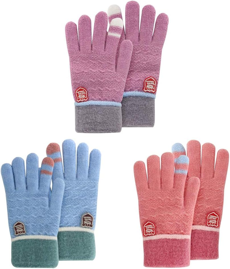 ORVINNER Kids Winter Gloves for Boys Girls, 3 Pairs Children Warm Wool Lined Gloves Toddler Thermal Knitted Mittens