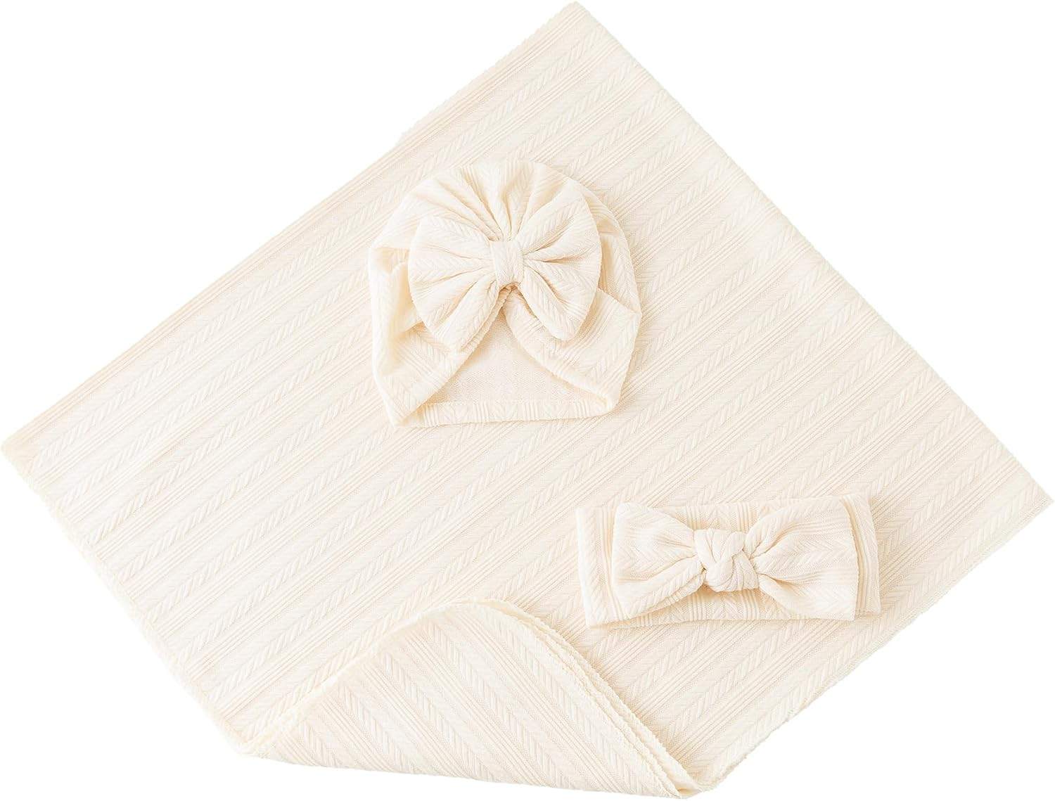 Jastore Baby Infant Swaddle Blankets for Girls 3PCS Newborn Accessories Set with Matching Hat and Bow Headband (Beige, 33"*35") - Beige image number 4