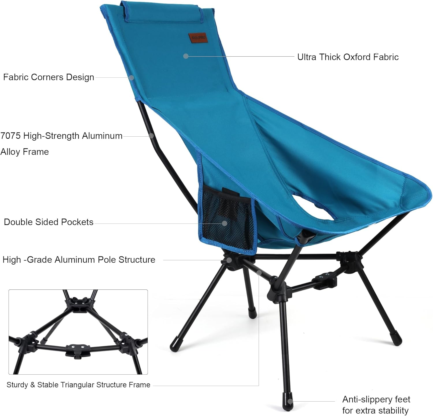RISEPRO Upgraded Outdoor Camping Chair Portable Lightweight High Back Folding Camp Chairs with Sturdy Triangular Structure & 2-Sided Pocket for Outdoor Backpacking Hiking Travel Picnic Fishing DC