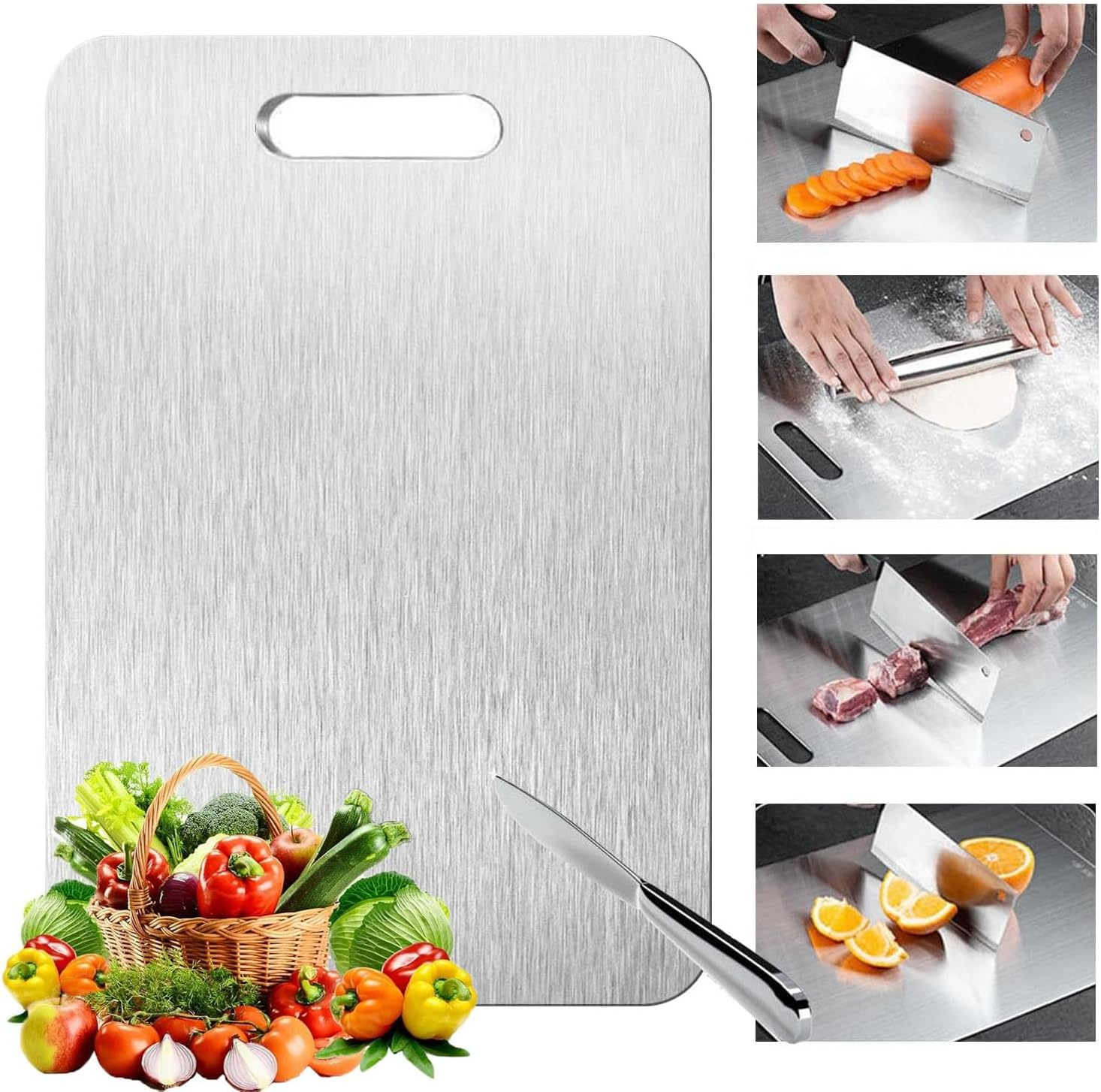 Wakouter Stainless Steel Cutting Board, 3PCS 304 Cutting Boards for Kitchen, Double Sided Food Grade Chopping Boards, Stainless Steel Chopping Board Set for Meat, Fruit, Vegetables, Dishwasher Safe
