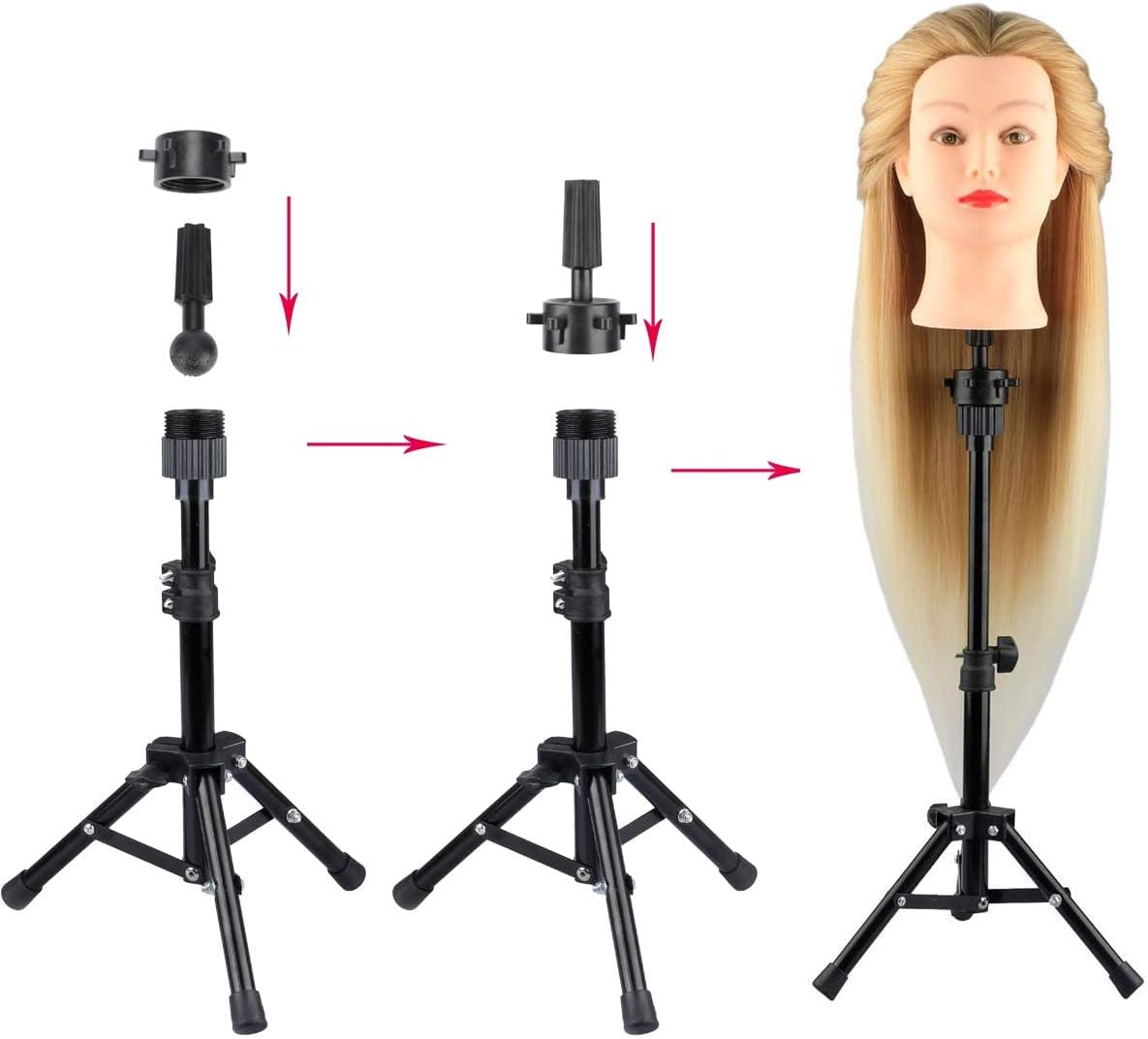 Mini Wig Stand Tripod with Head Adjustable Mannequin Head Stand Wig Head Stand Wig Tripod Stand for Cosmetology Hairdressing Training(25 Inch,Black) image number 4