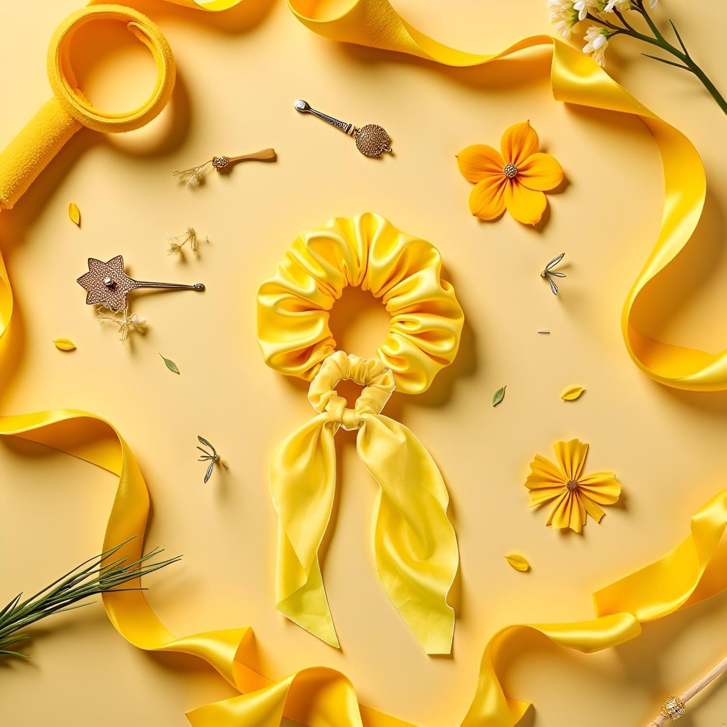 1Pc Yellow Women Girl Bow Satin Ribbon Ponytail Scarf Hair Tie Rope Scrunchies Elastic Band Hair Scrunchies Bands Elastics and Ties Clips and Barrettes