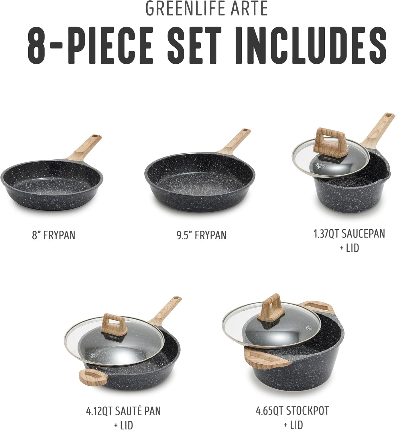 Greenlife 8 Piece Ceramic Nonstick Cookware Set, Induction Suitable Non Toxic Pfas-Free Pots & Pans, Dishwasher Safe, Cooking Set, Stock Pot, Saucepans & Frying Pans, Kitchen Cooking, Granite Black - Speckled Black image number 6