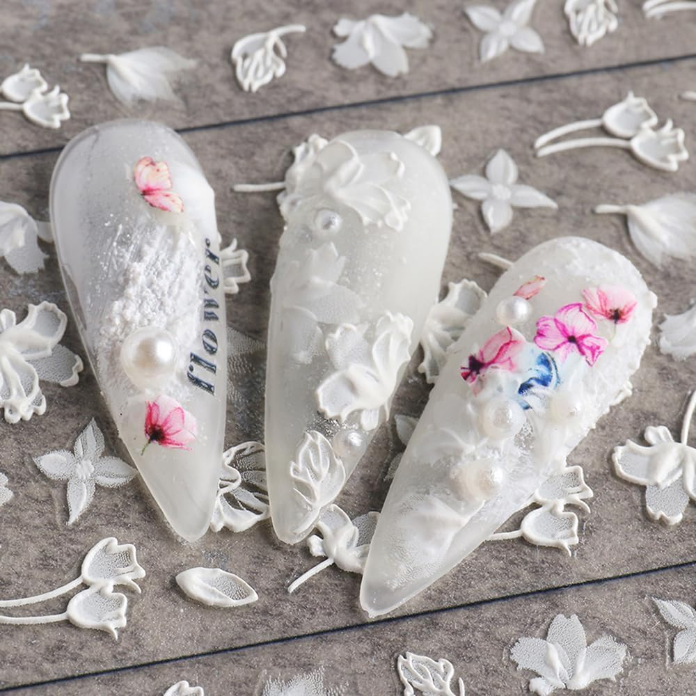 White Flower Nail Art Sticker Decals 5D Self-Adhesive Luxurious Nail Art Decoration Exquisite Pattern Nail Art Supplies White Feather Lace Flower Leaf Carving Design DIY Acrylic Nail Art, 3 Sheet image number 3